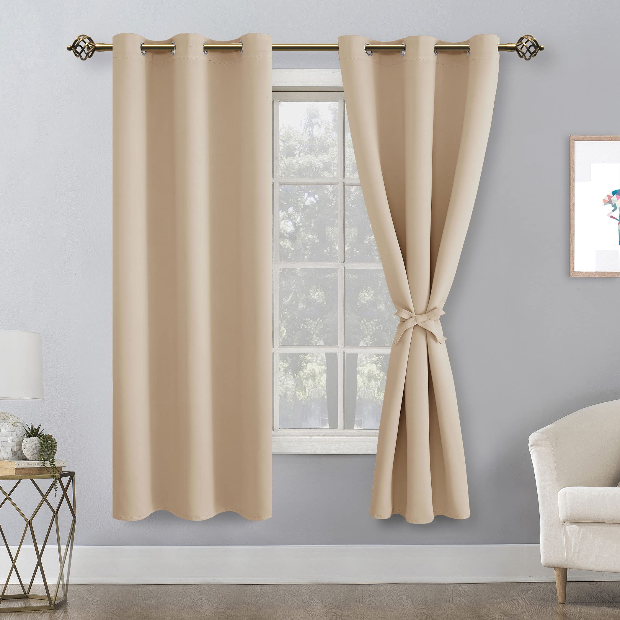 Hiasan Blackout Curtains For Bedroom, 42 X 63 Inches Length - Thermal Insulated & Energy Saving Window Curtains For Living Room, 2 Drape Panels Sewn With Tiebacks, Beige
