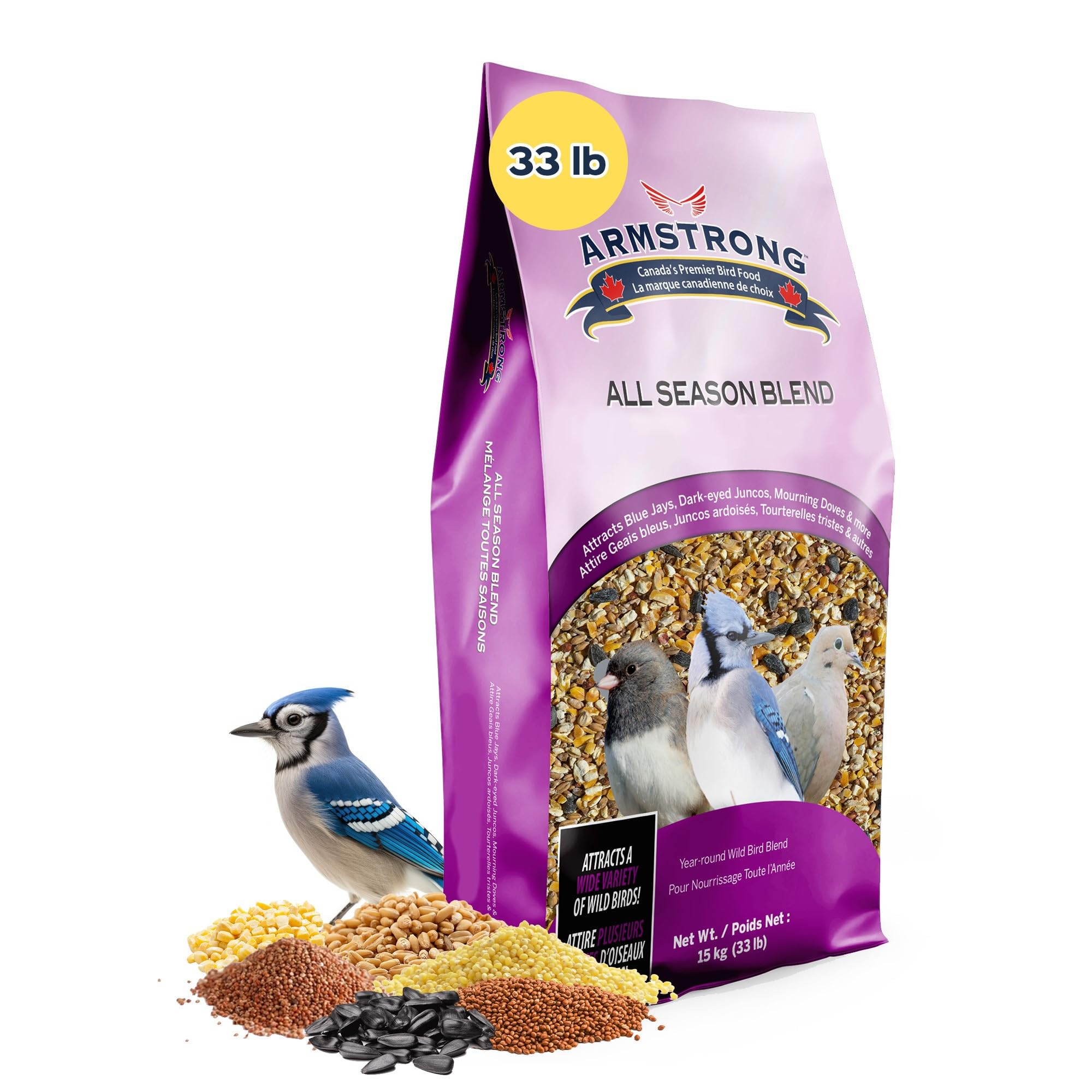 Armstrong Bird Food All Season Bird Seed Blend, 33 Pounds - With Black Oil Sunflower, Cut Corn And Wheat For Blue Jays, Dark-Eye