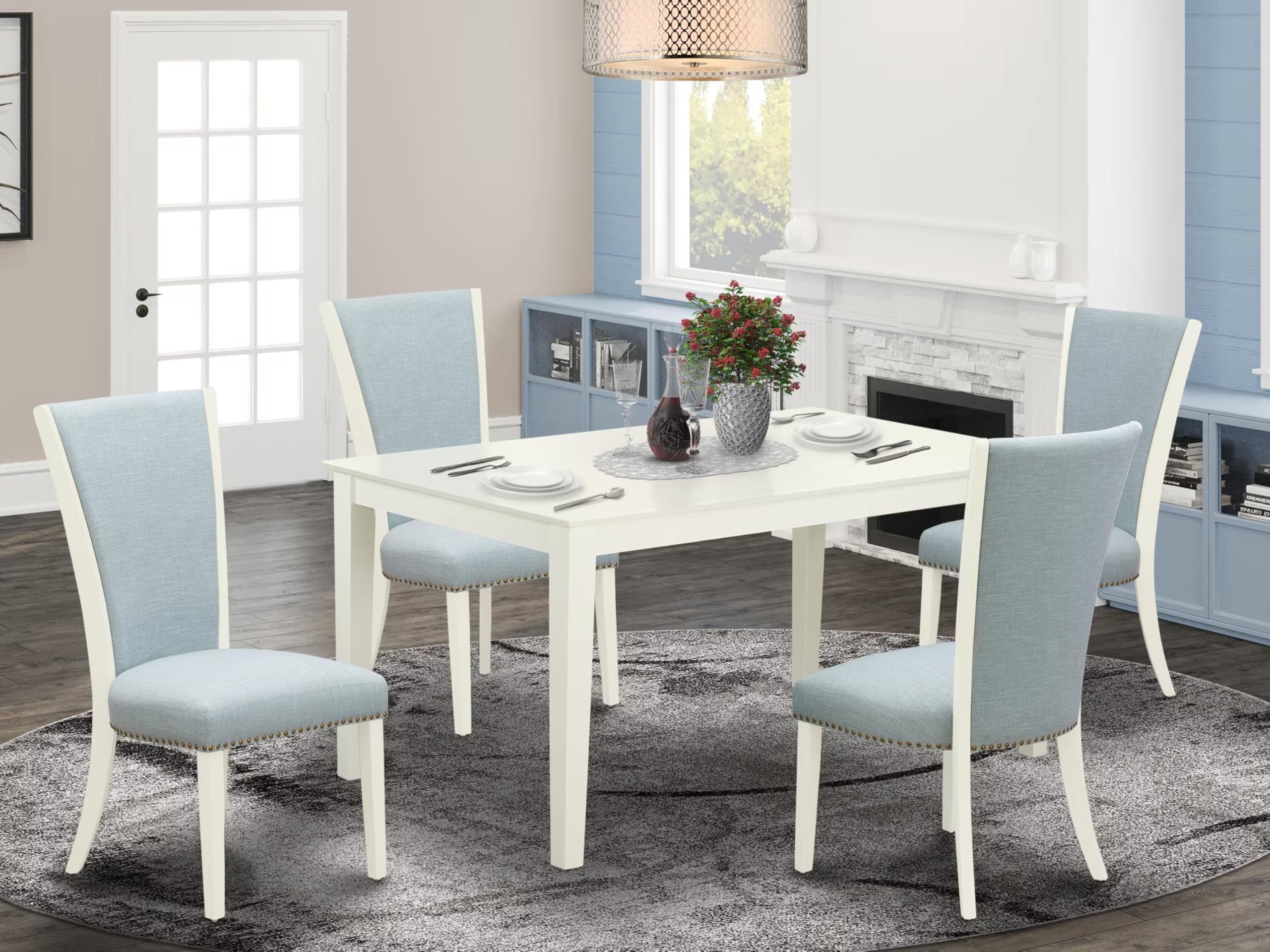 East West Furniture Cave5-Lwh-15 5 Piece Dining Room Table Set Includes A Rectangle Kitchen Table And 4 Baby Blue Linen Fabric Parsons Dining Chairs, 36X60 Inch, Linen White