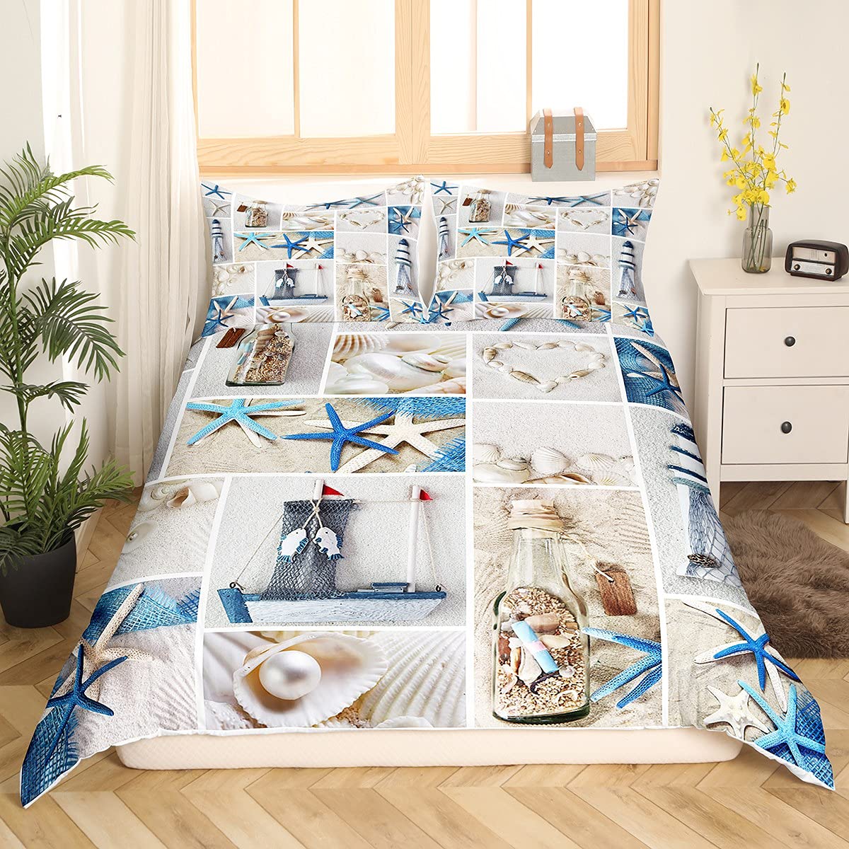 Feelyou Beach Themed Duvet Cover Set Queen Size Ocean Navigation Bedding Set Sea Starfish Seashell Lighthouse Microfiber Polyest