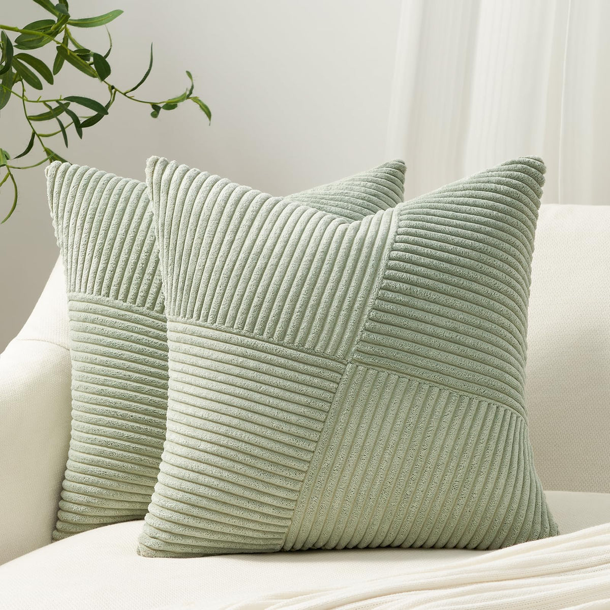 Topfinel 24X24 Inches Sagegreen Euro Pillow Shams Set Of 2 Corduroy Decorative Throw Pillow Covers For Bedroom Living Room, Wind