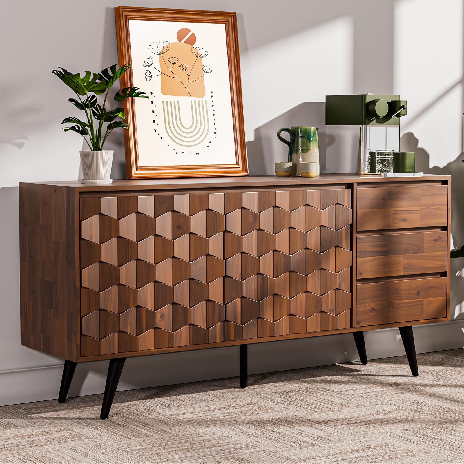 Bme Sideboard Georgina Solid Wood 2 Doors & 3 Drawers, 61 Mid Century Modern Cabinet with Geometric Pattern for Kitchen, Dinin