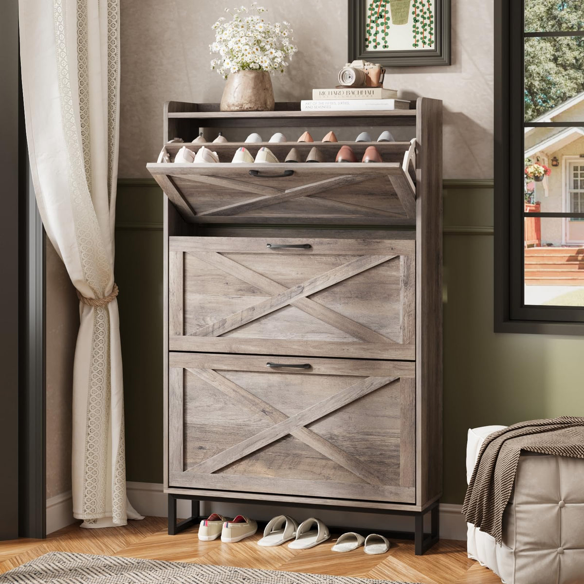 Maupvit Shoe Storage Cabinet With 3 Flip Drawers, Freestanding Organizer With Metal Legs For Entryway, Narrow Shoe Rack Cabinet, Washed Gray