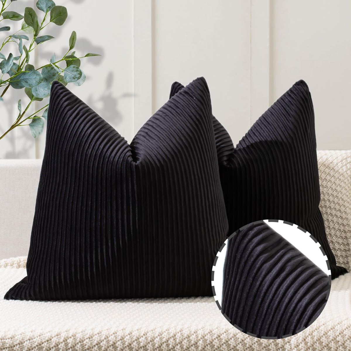 Ycoll Black Pillow Covers 22X22 Set Of 2 Velvet Striped Pattern - Soft Throw Pillows For Home Decor, Luxury Decorative Pillow Co