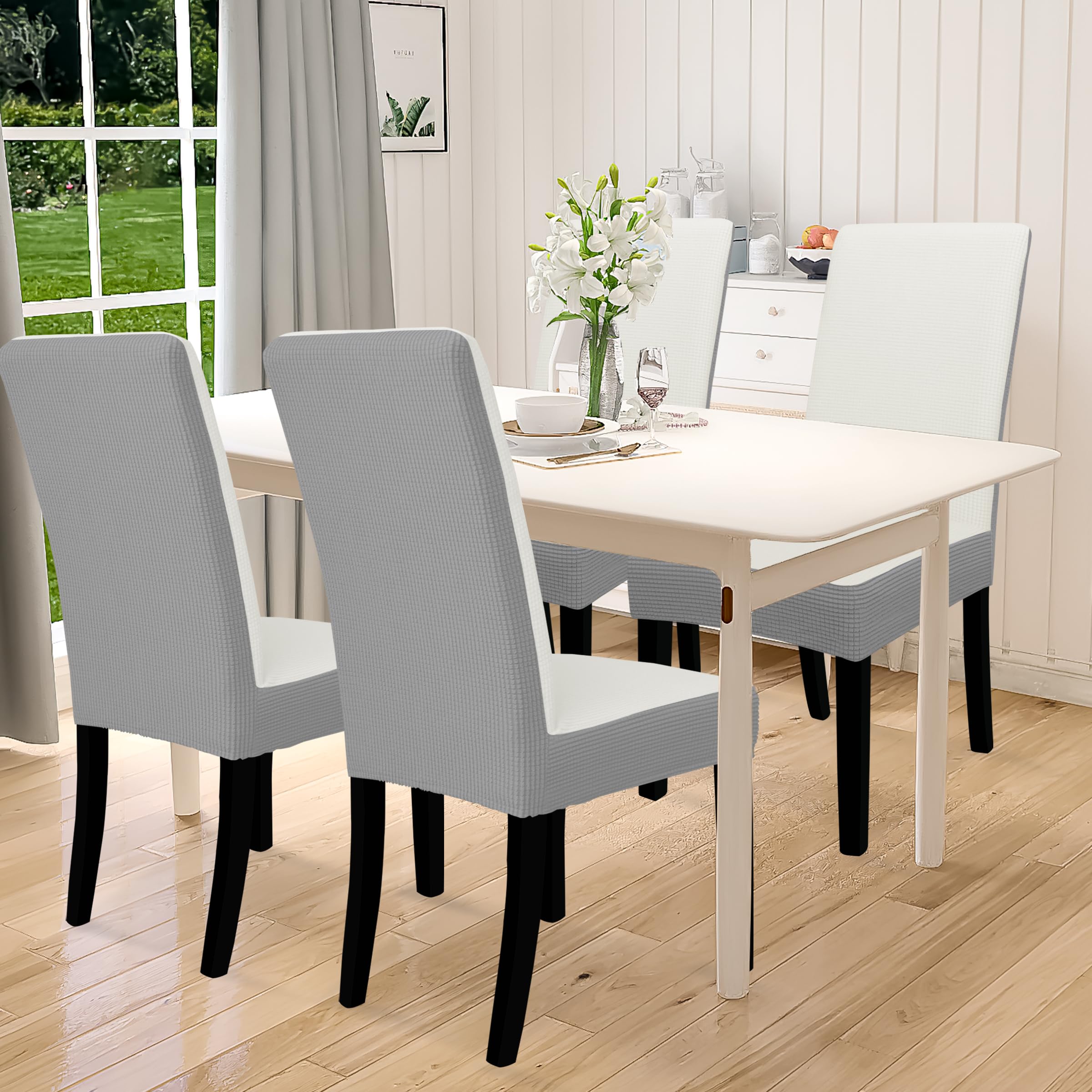 Easy-Going 100% Waterproof Dining Room Chair Cover Set Of 4, Stretch Jacquard Parson Chair Slipcover Removable Washable Chair Protector For Home, Restaurant, Banquet (Xlarge, Cream/Light Gray)