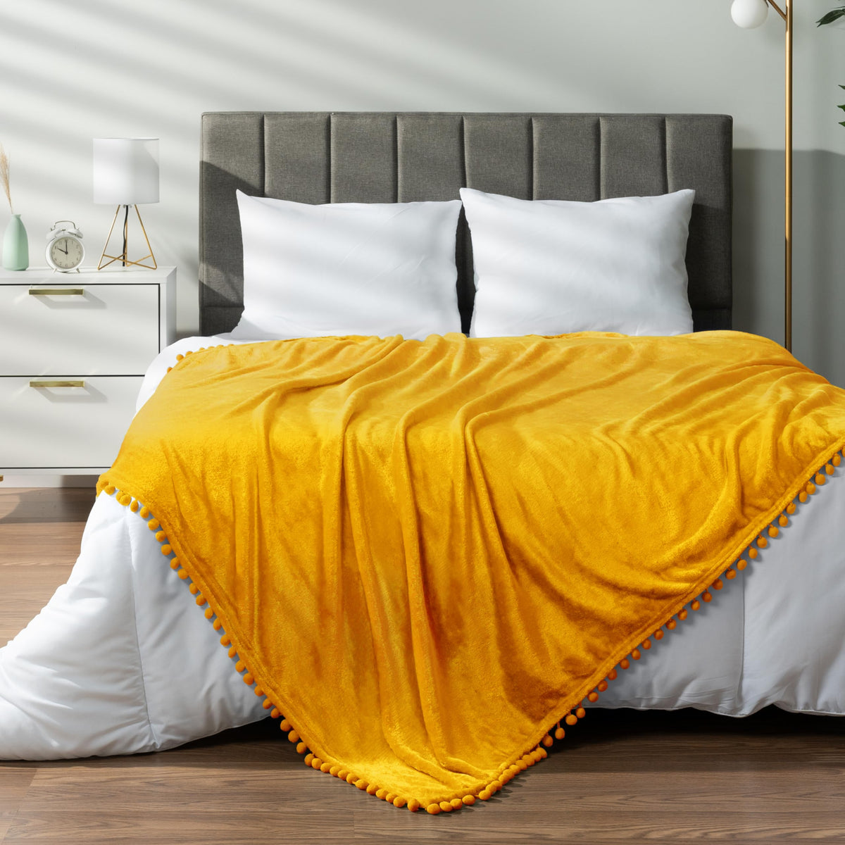Pavilia Fleece Throw Blanket For Couch With Pom Pom Fringe, Mustard Yellow, Soft Cozy Fuzzy Flannel Blanket For Sofa Bed, Large