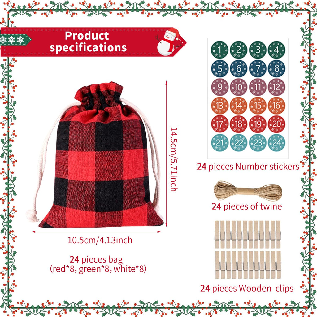24 Pcs Christmas Advent Calendar Bags, Christmas Advent Calendar Burlap Bags, Hanging Candy Gift Bags With Drawstring, 24 Days C