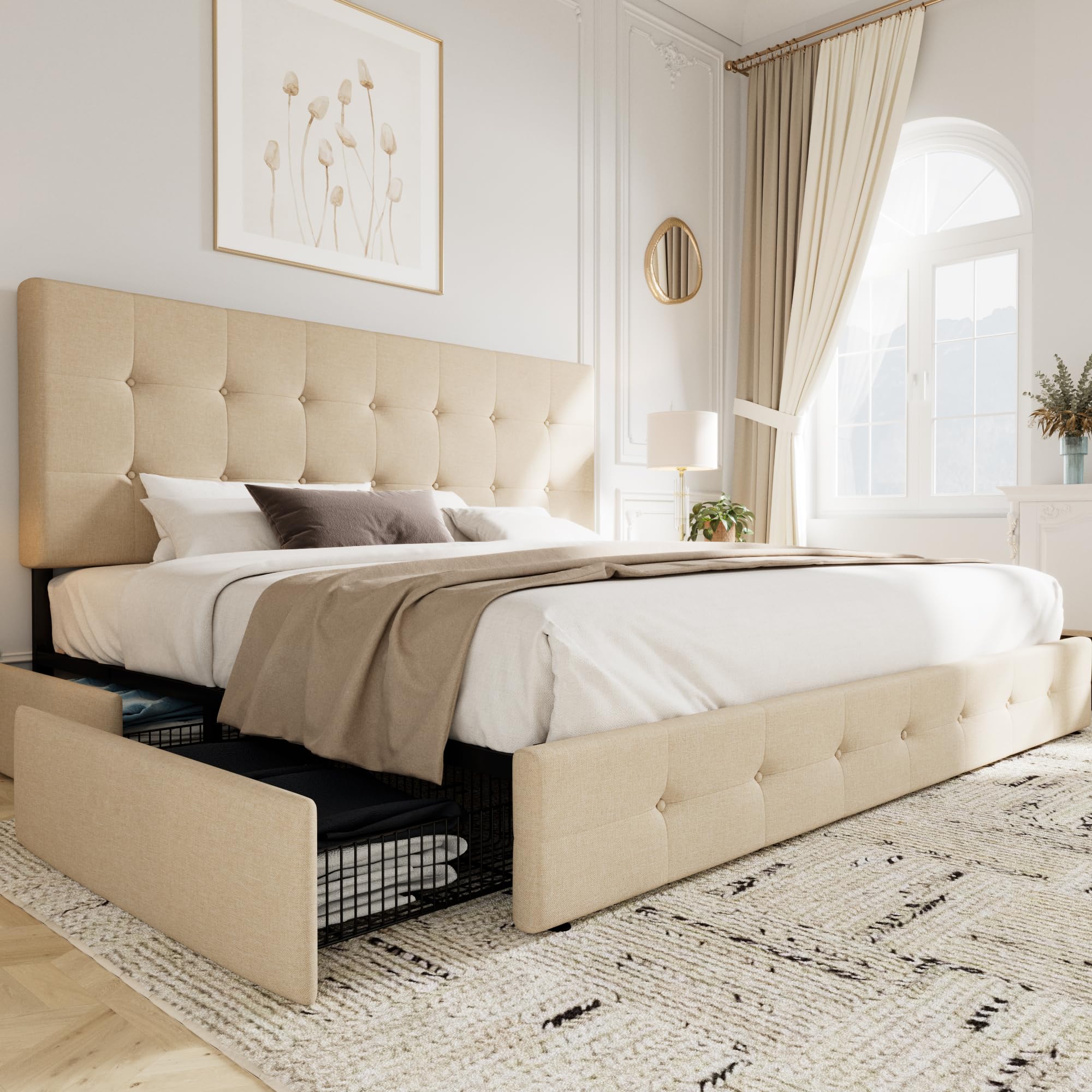 Allewie Upholstered King Size Platform Bed Frame With 4 Storage Drawers And Headboard, Square Stitched Button Tufted, Mattress Foundation With Wooden Slats Support, No Box Spring Needed, Beige