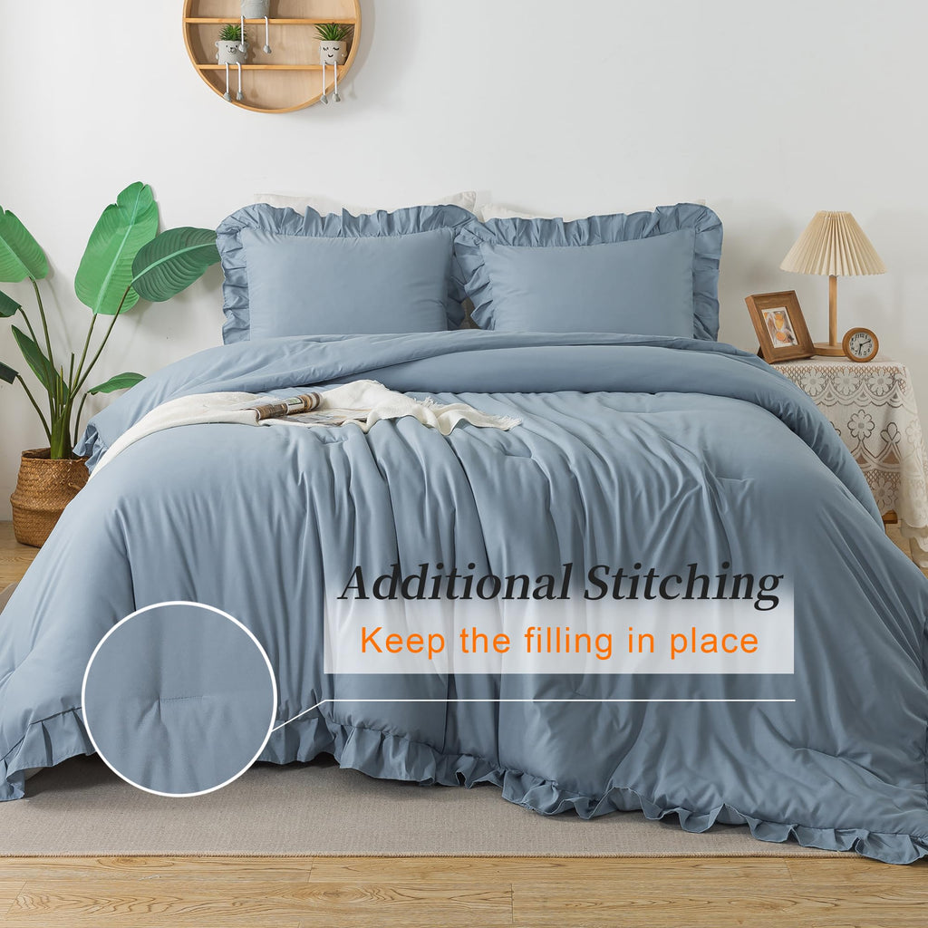 Andency Grayish Blue King Comforter Set(104X90Inch), 3 Pieces Lightweight Winter Summer Warm Fluffy Bedding Comforter Set, All Season Microfiber Shabby Chic(1 Ruffle Comforter And 2 Pillowcases)