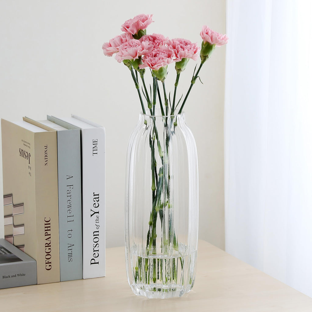 Large Clear Glass Vase For Flowers Bud Tall Glass Vases,H-12.6'' Simple Striped Design For Home Floor Decor,Farmhouse Decor, Cen