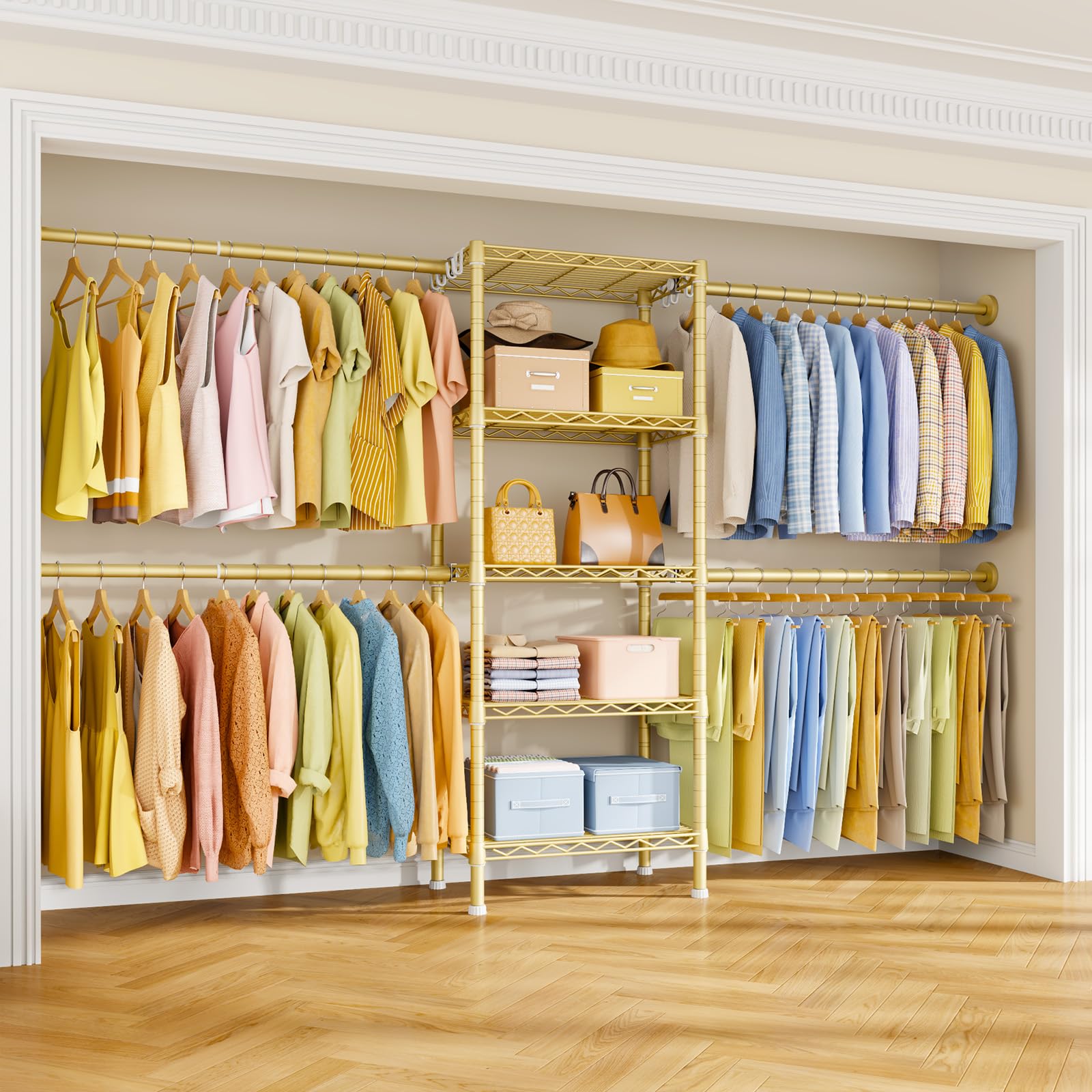 Ulif M2 Wall-Mounted Clothes Rack, Metal Closet System with 4 Expandable Hanger Rods and 5 Metal Shelves, Mount-on-Wall Clothing