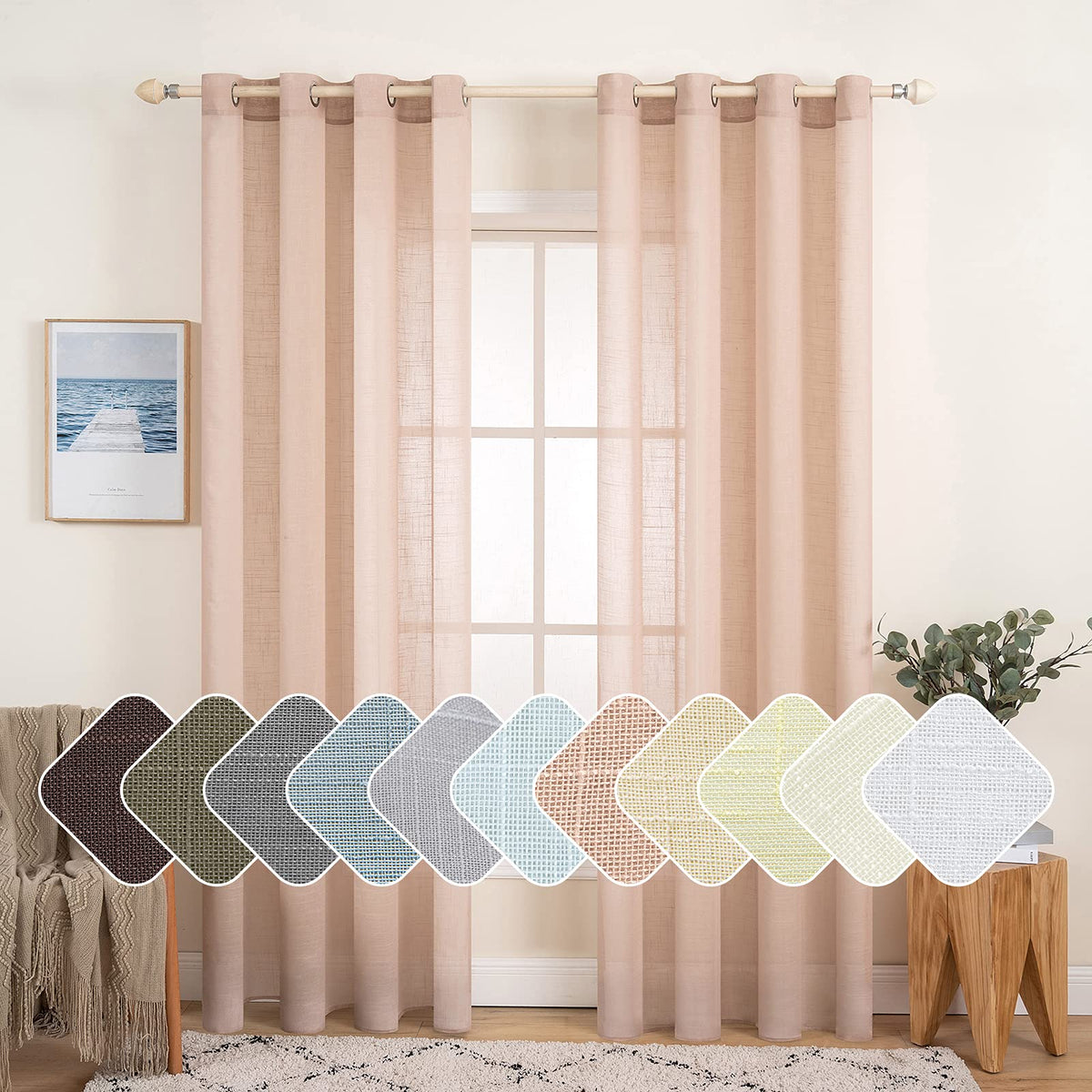 MIULEE 2 Panels Natural Linen Semi Sheer Window Curtains Elegant Solid Blush Pink Drapes Grommet Top Window Voile Panels Linen T