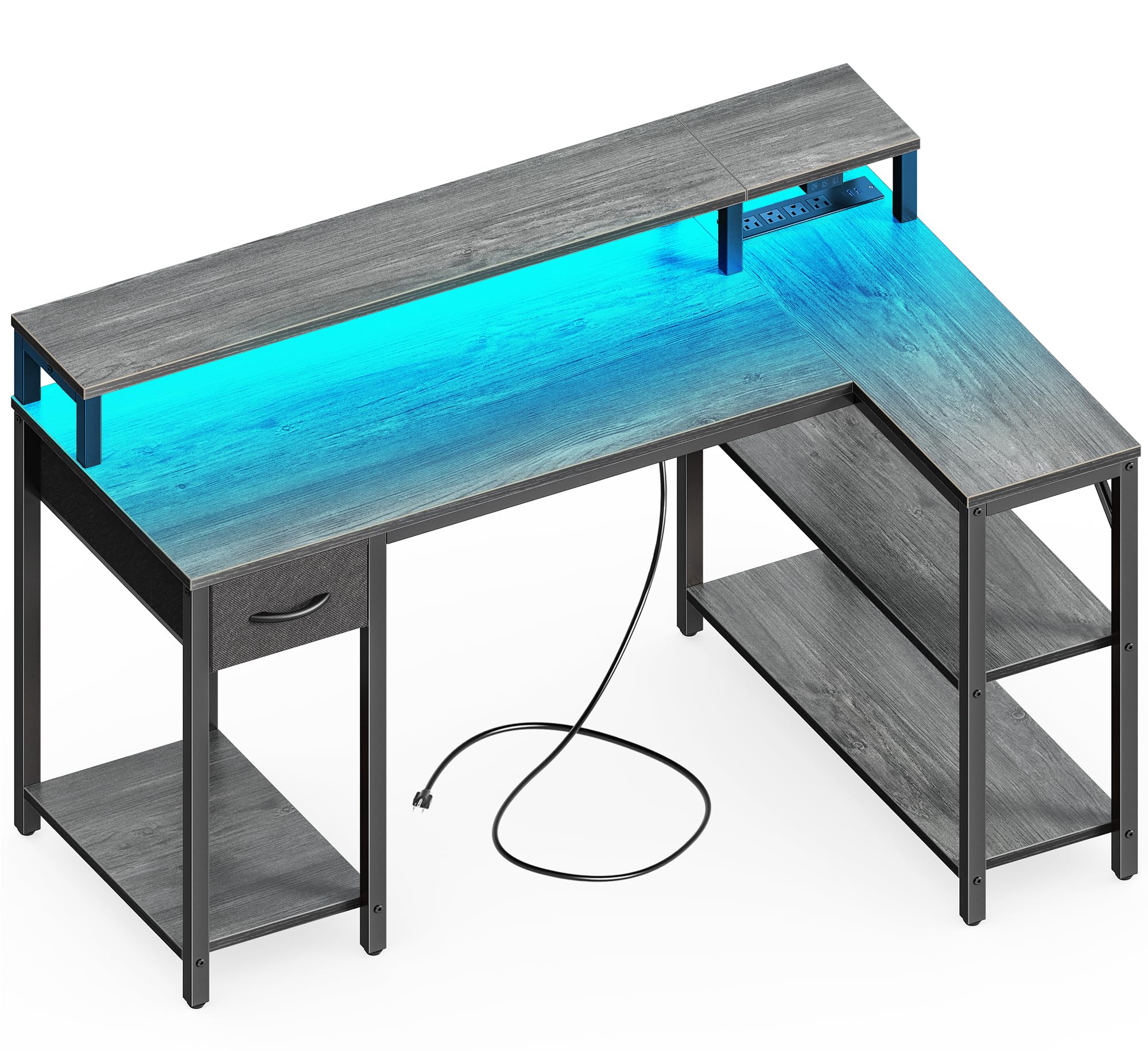 SUPERJARE 47 inch Reversible L Shaped Desk with LED Lights & Power Outlets, Computer Desk with Shelves & Monitor Stand, Gaming D