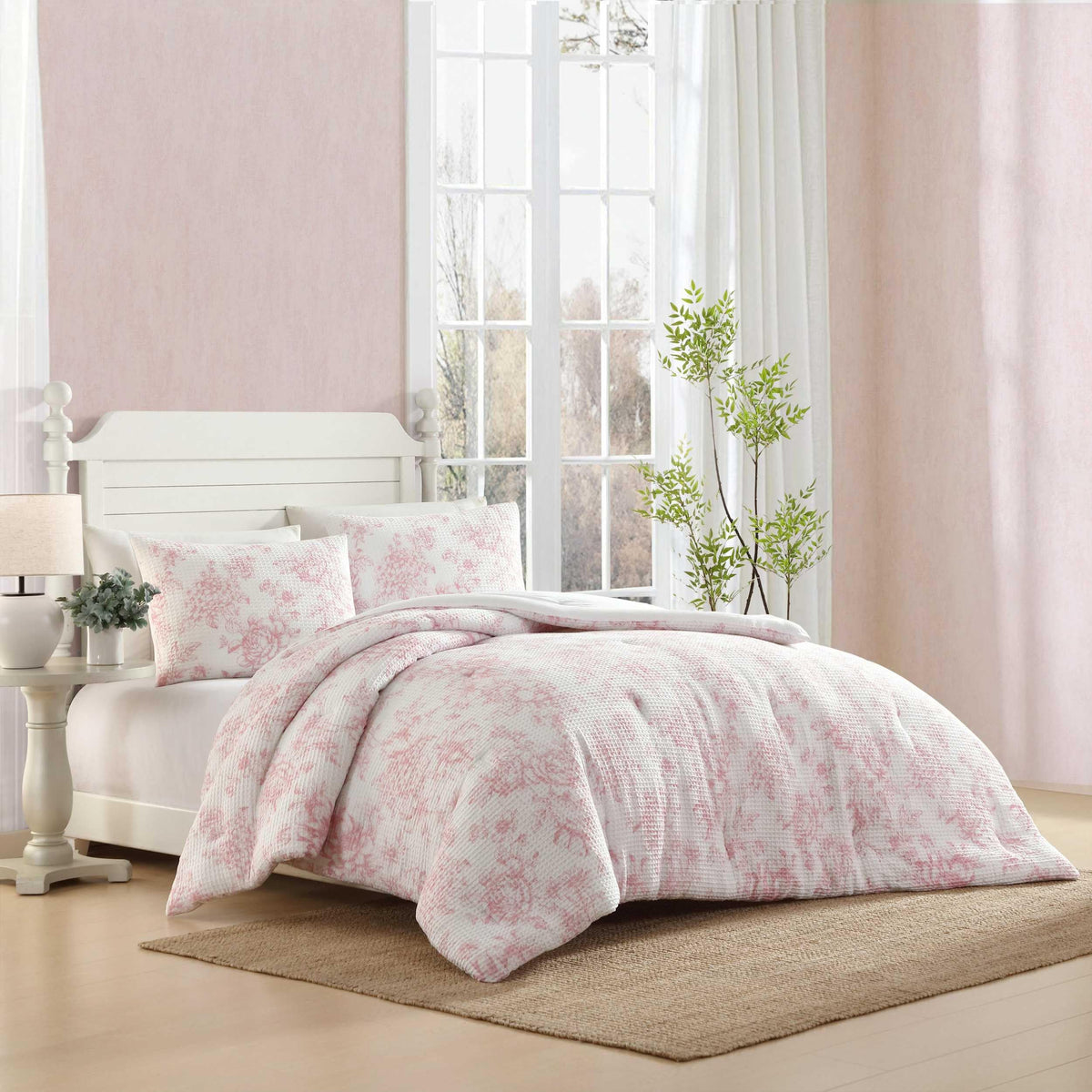 Laura Ashley - Comforter Set, Soft Poly Waffle Textured Bedding With Matching Shams, Delicate Floral Design (Delphine Pastel Pin