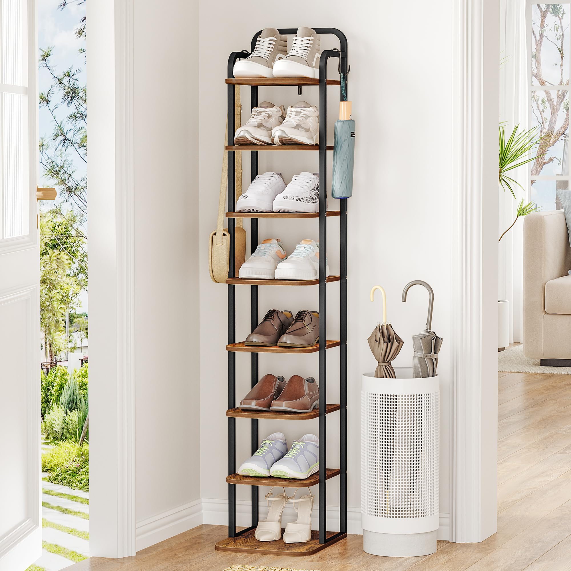 Hzuaneri Vertical Shoe Rack, Shoe Shelves, Wood Shoe Organizer For Closet, Entryway, Shoes Tower For Small Spaces, Free Standing, Adjustable, With 2 Hooks, 8 Tier Rustic Brown Sr04301B