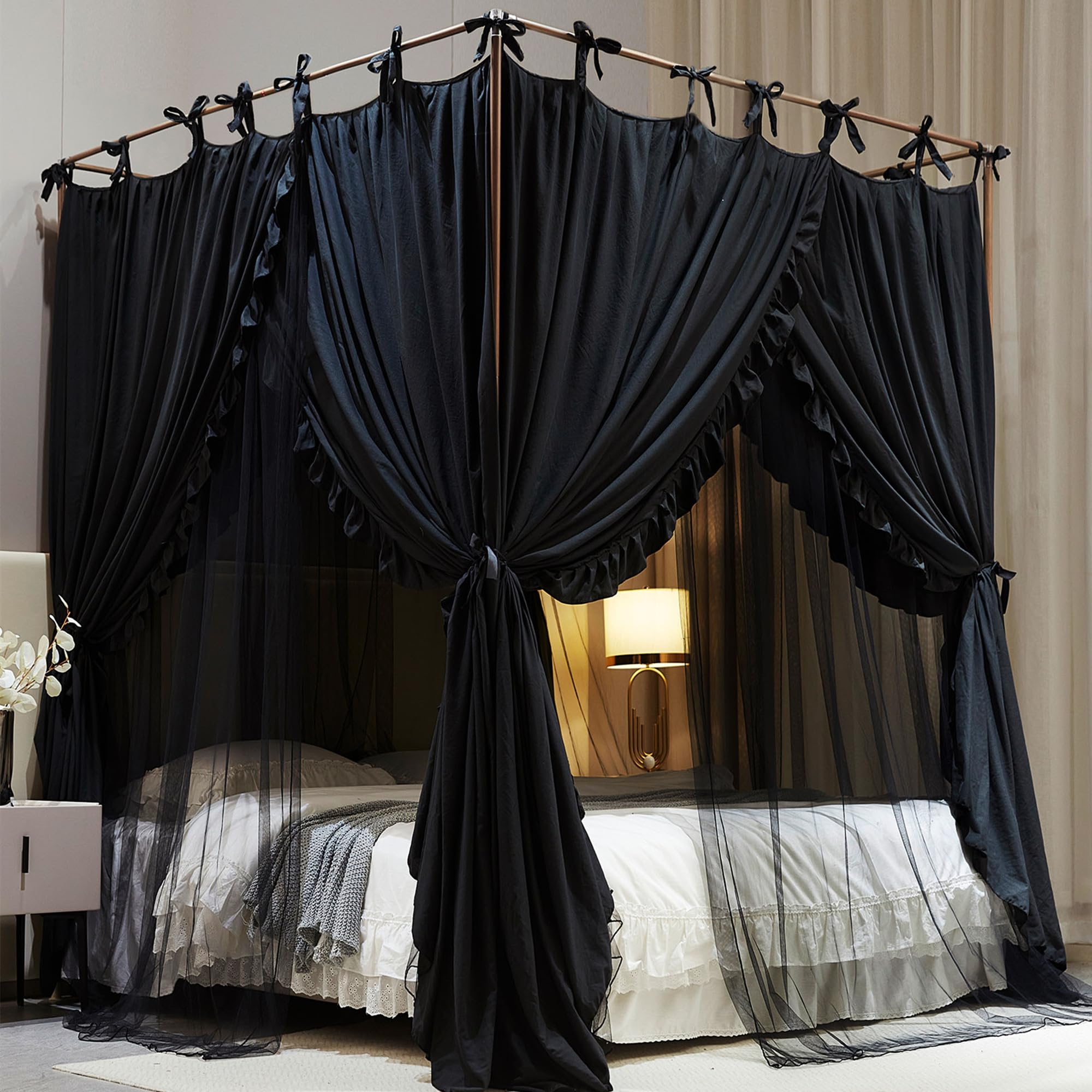 Aiooo 4 Corners Post Princess Curtain Bed Canopy Double Layer Cozy Mosquito Net Mesh And Cloth For Girls Adults Bedroom Decorati