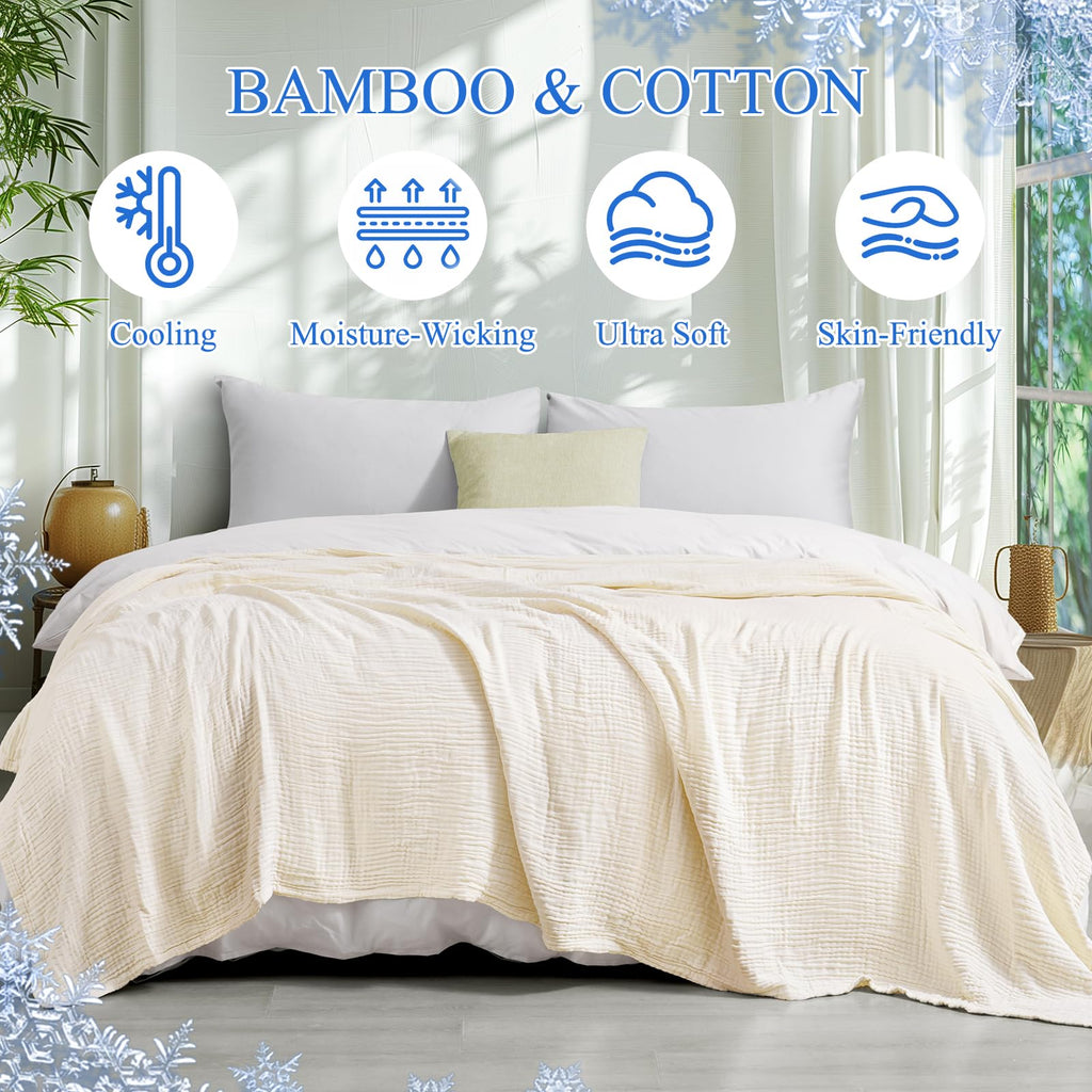 Phf Cooling Muslin King Blanket For Hot Sleepers, 60% Rayon Derived From Bamboo, 40% Cotton Blanket For Summer, 4-Layer Breathab