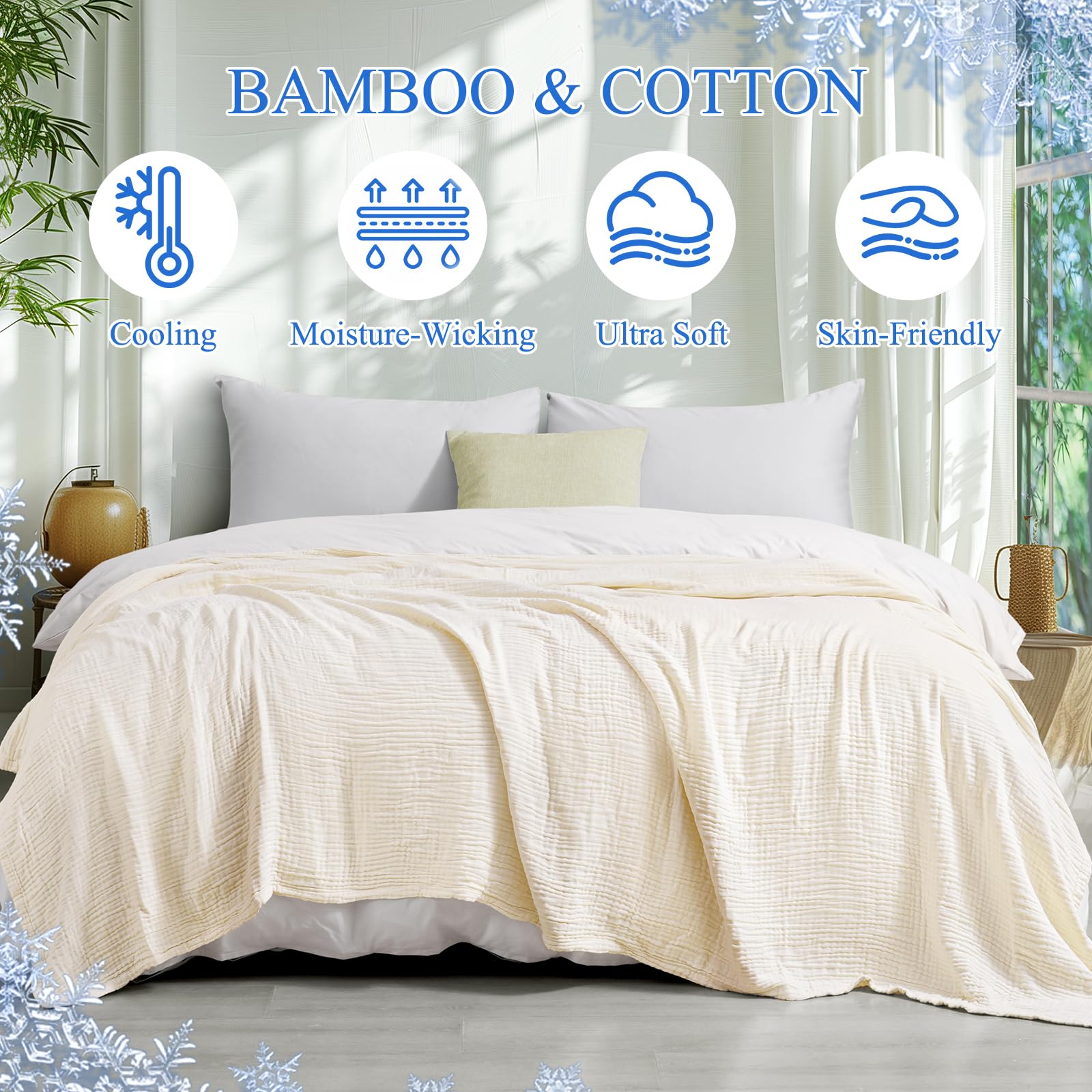 Phf Cooling Muslin King Blanket For Hot Sleepers, 60% Rayon Derived From Bamboo, 40% Cotton Blanket For Summer, 4-Layer Breathab