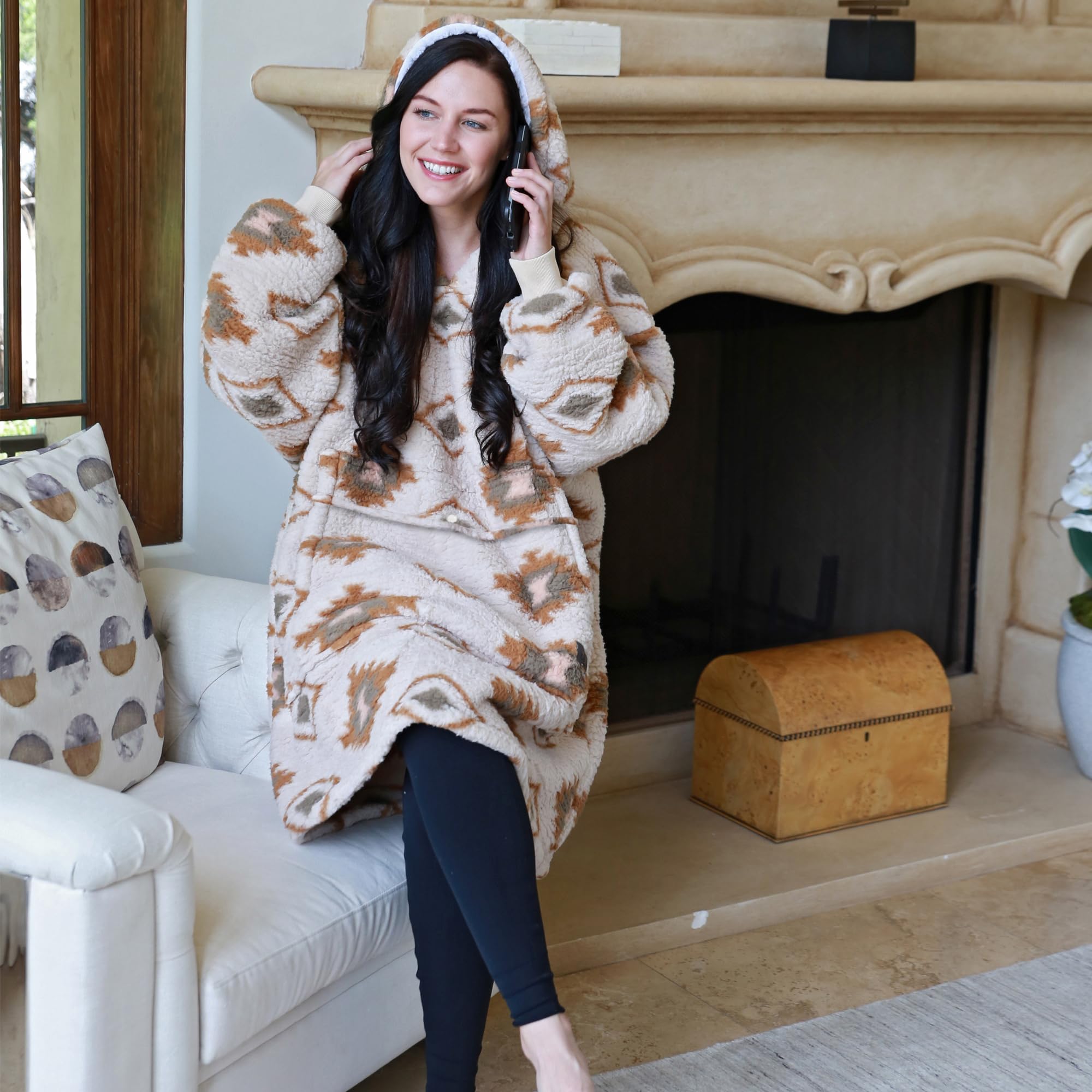 Catalonia Southwestern Aztec Oversized Wearable Blanket Hoodie Sweatshirt, Comfortable Sherpa Lounging Pullover For Adults, Gift