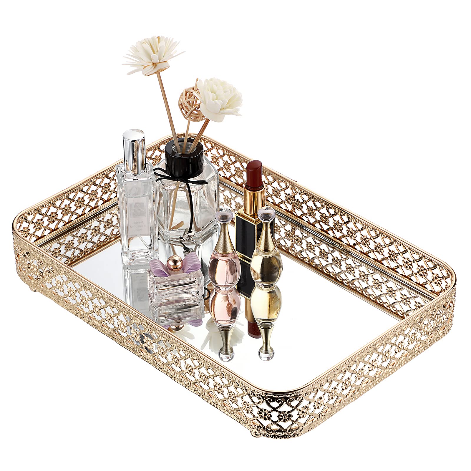 ELLDOO Perfume Tray Mirror Tray Makeup Vanity Tray Hollow-Carved Jewelry Tray Glass Metal Trinket Storage Tray Home Organizer De