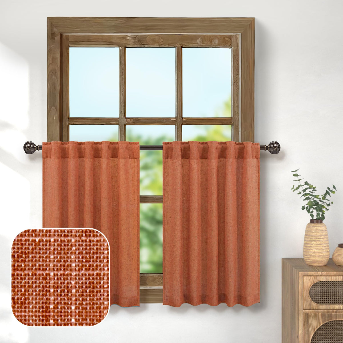 Fall Cafe Curtains Burnt Orange Kitchen Curtain Boho Farmhouse 30 Inch Length Linen Sheer Short Small Window Curtains Cafe Curta