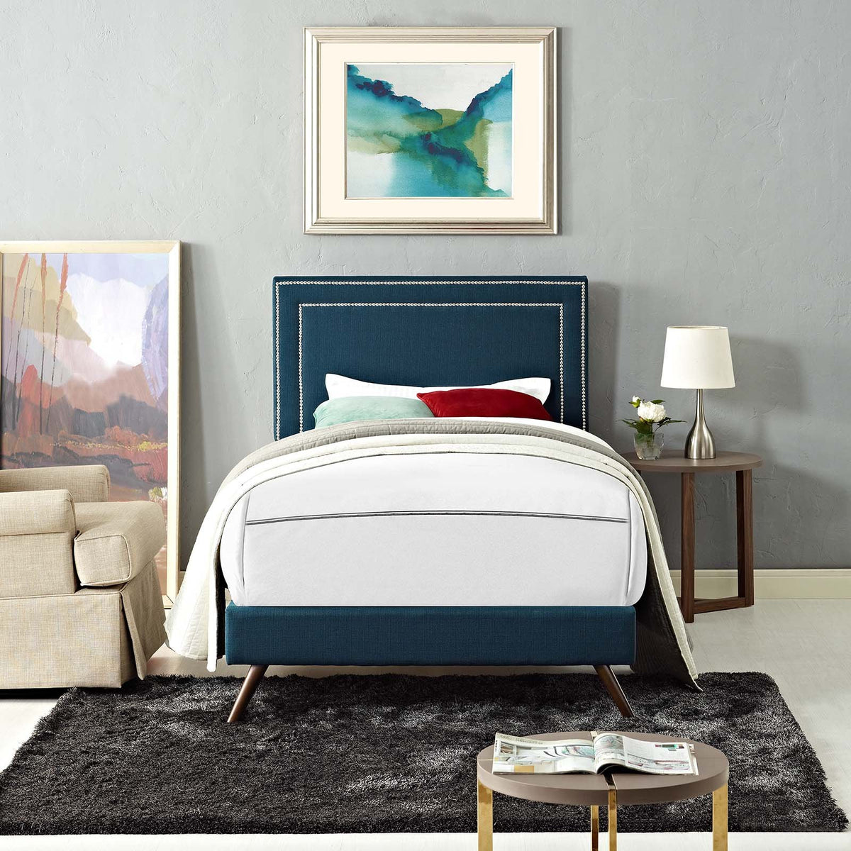 Modway Virginia Upholstered Twin Platform Bed Frame With Splayed Legs In Azure