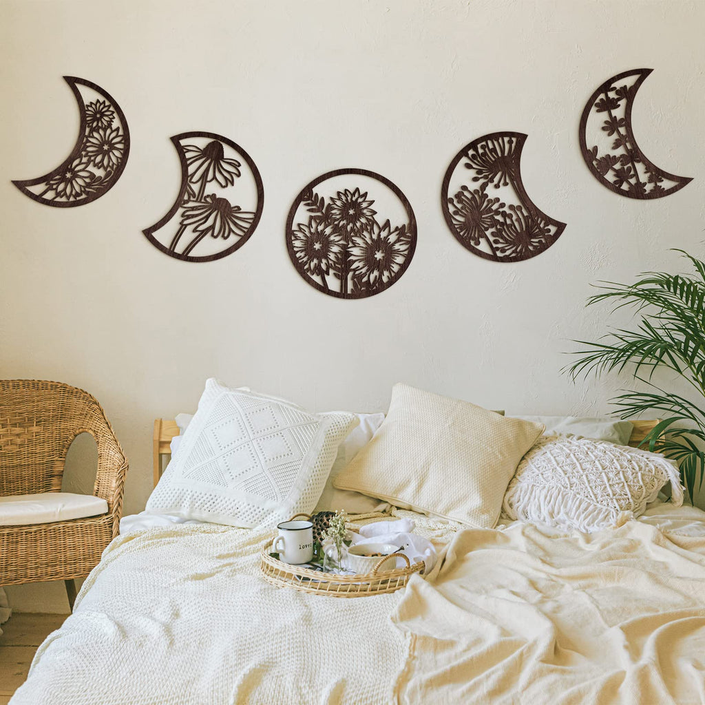 Jetec 5 Pieces Moon Phase Wall Decor Boho Hanging Moon Phase Nordic Wood Wall Art For Living Room Bedroom Home Wall Decoration R