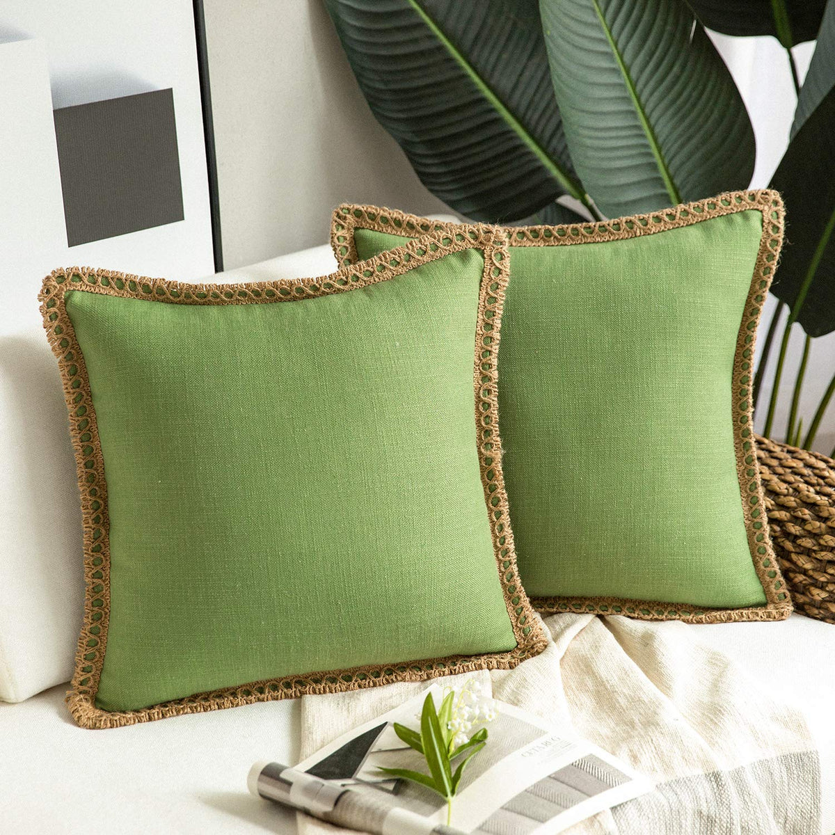 Phantoscope Pack Of 2 Farmhouse Decorative Throw Pillow Covers Burlap Linen Pillow Covers Trimmed Tailored Edges Green 18 X 18 I