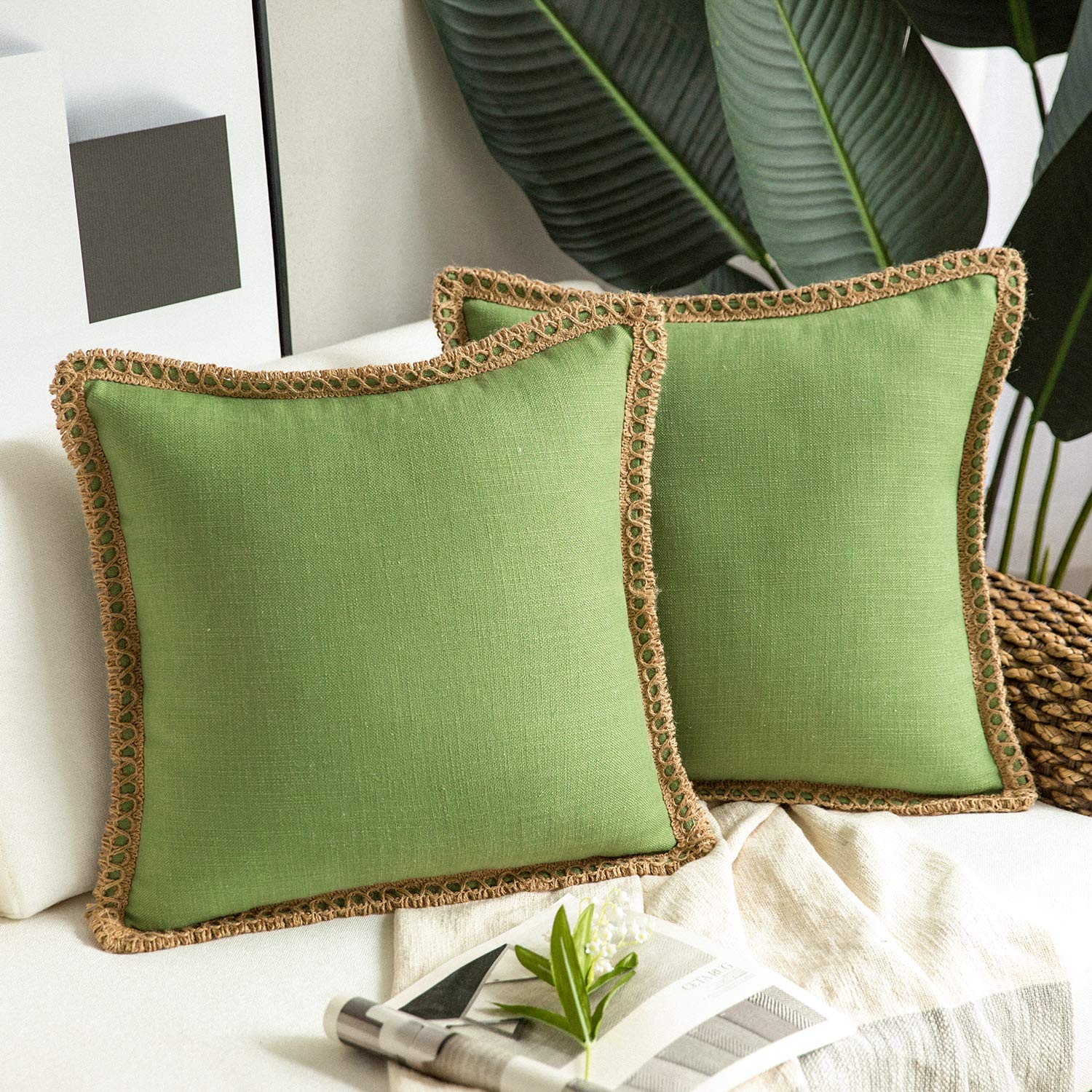 Phantoscope Pack Of 2 Farmhouse Decorative Throw Pillow Covers Burlap Linen Pillow Covers Trimmed Tailored Edges Green 20 X 20 I