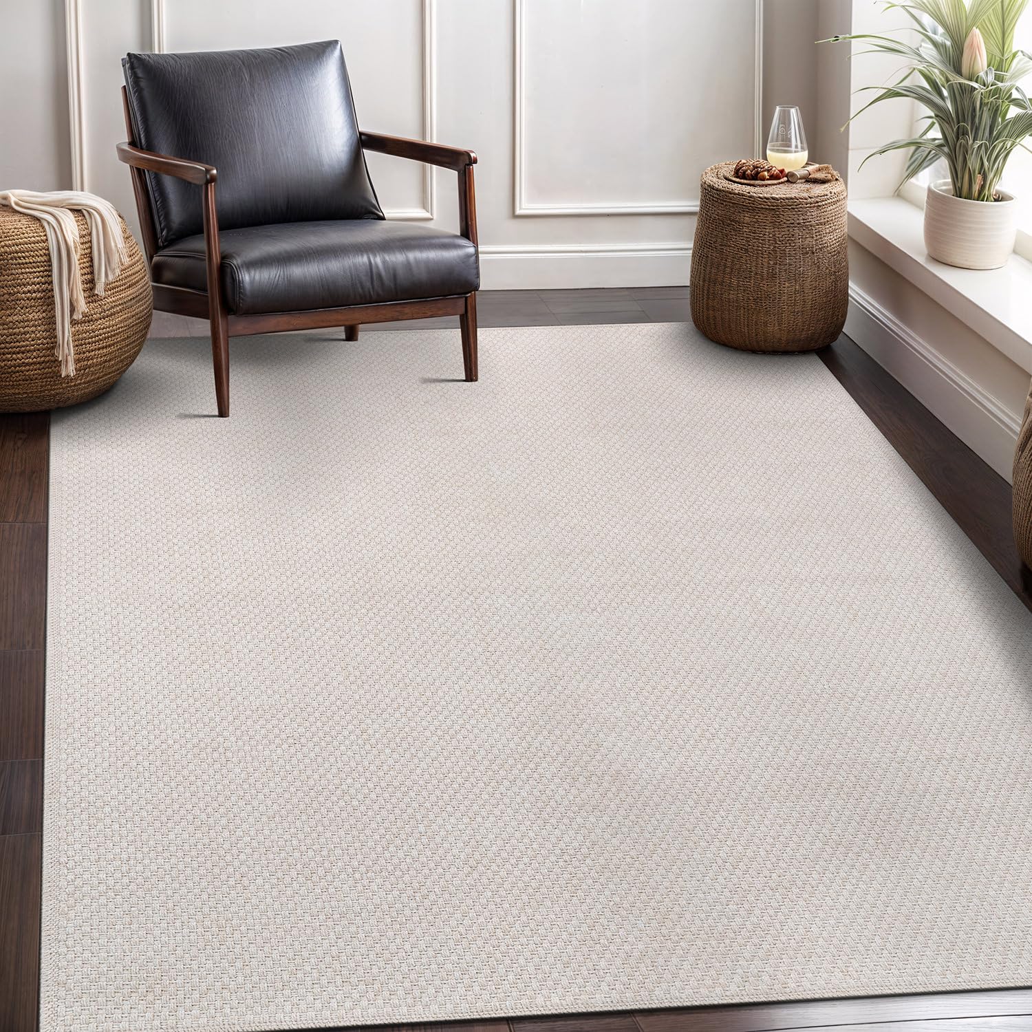 CAMILSON Easy Jute Rug 5x7, Indoor Outdoor Off-White Farmhouse Area Rugs for Living Room Patio and Kitchen Rug, Solid Woven Desi