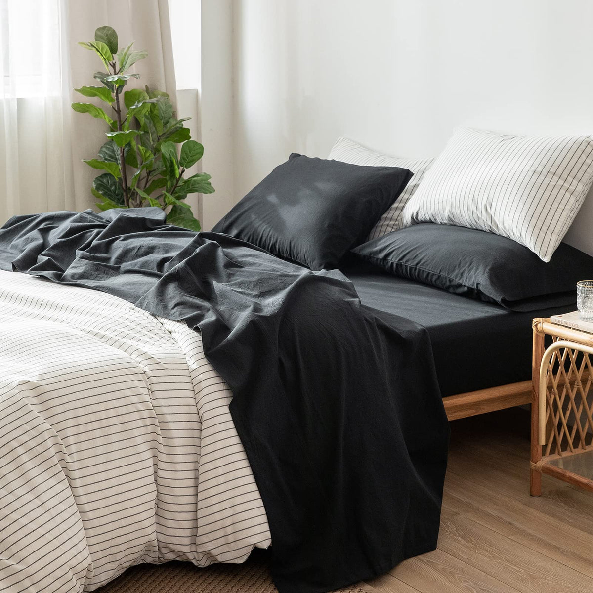 Moomee Bedding Sheet Set 100% Washed Cotton Linen Like Textured Breathable Durable Soft Comfy (Black, California King)