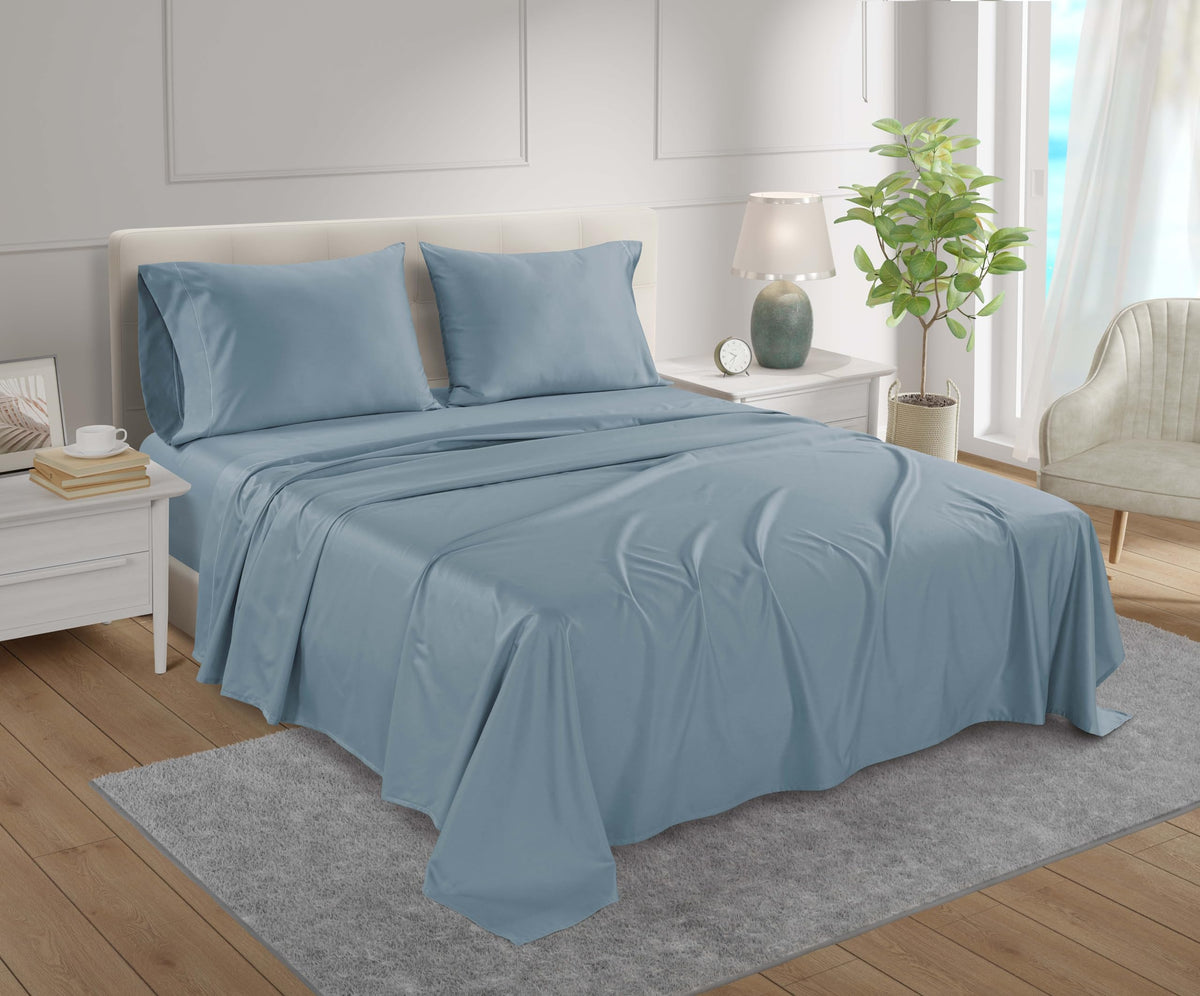800Tc French Blue Egyptian Cotton Sheets, Deep Pocket Queen Sheets Fits Upto 18' Mattress, Sateen Weave 4 Piece Cotton Sheets F