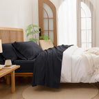 BESTOUCH Sheet Set 100% Washed Cotton Linen Feel Super Soft Comfortable Chic Lightweight 4 Pcs Home Bedding Set Solid Deep Black