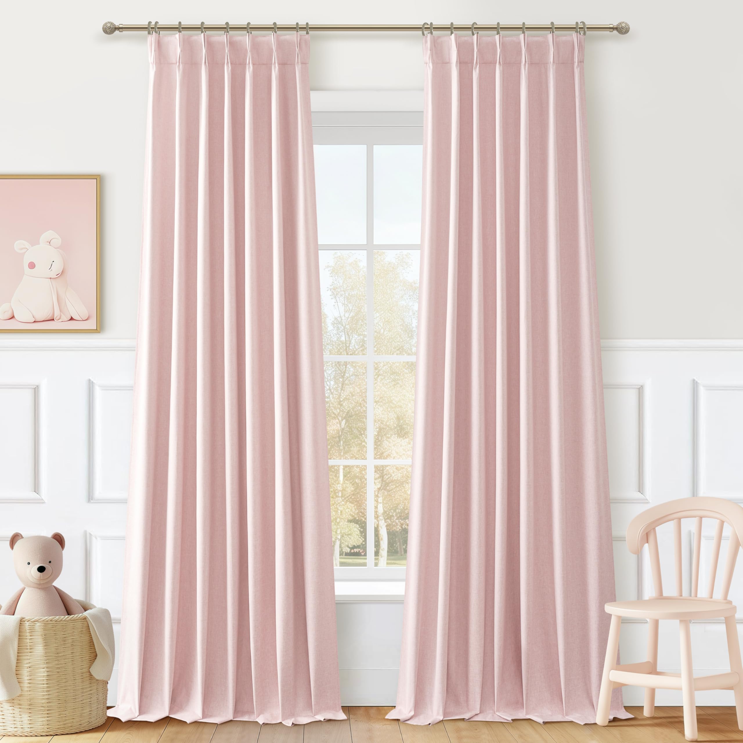 Baby Pink Black Out Curtains 96 Inch Long for Grils Bedroom 2 Panels Set, Cute Pinch Pleat Flax Linen Room Darkening Window Drap
