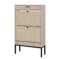 Xiao Wei Shoe Cabinet, Natural Rectangular Rattan Shoe Storage Organizer Cabinet With 2 Flip Drawers, Freestanding Shoe Rack With Adjustable Shelf For Entryway