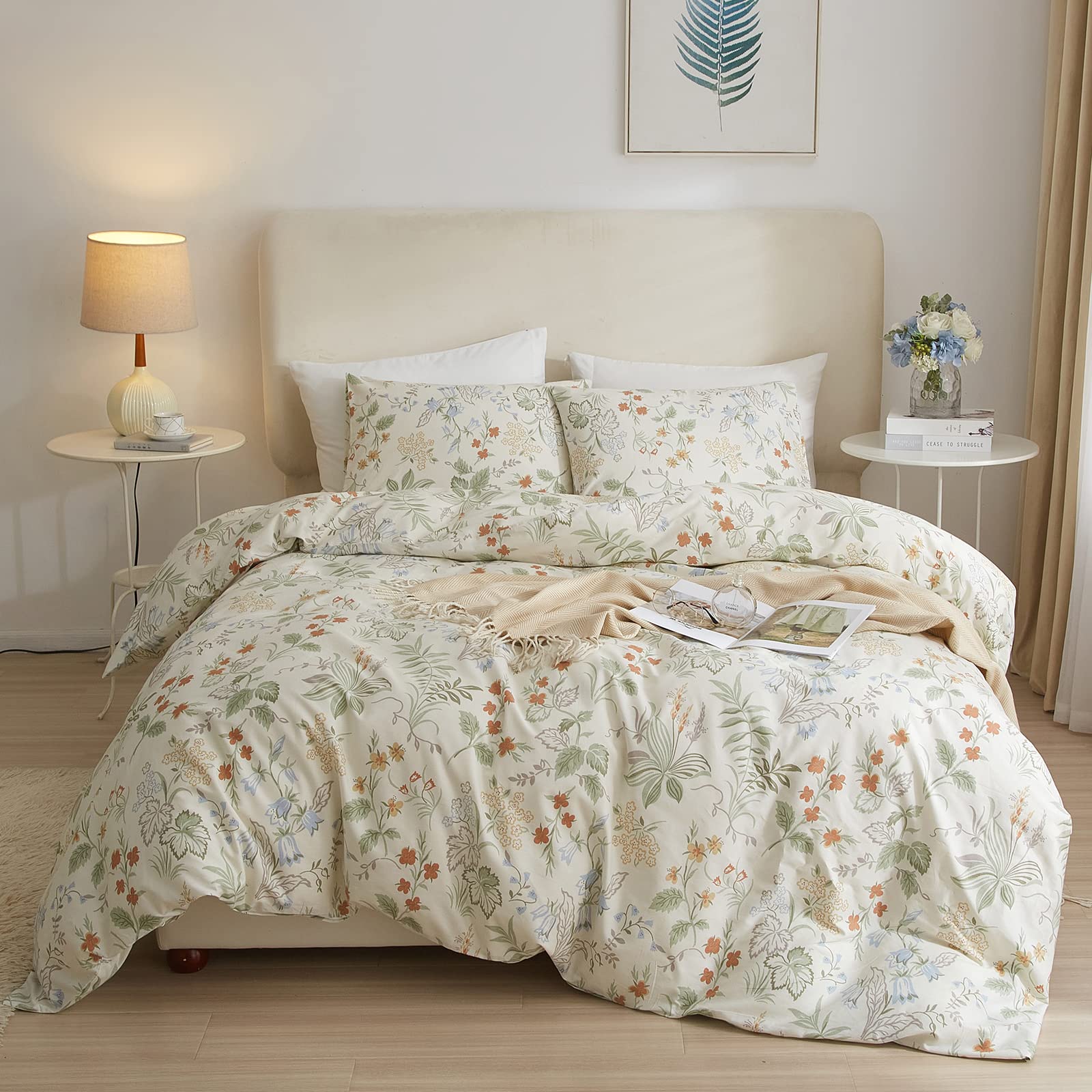 VM VOUGEMARKET Green Red Flower Duvet Cover Full Queen 100% Cotton Aesthetic Bedding Set Girls Vintage Floral Leaves Comforter C