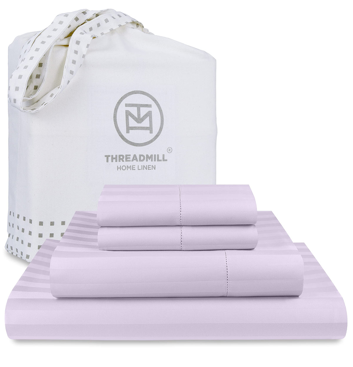 Threadmill 500 Thread Count Full-Size Damask Stripe, 4 Pc Luxury Cotton Bedding Set, Silky Smooth Lilac Sheets With 16' Elastic