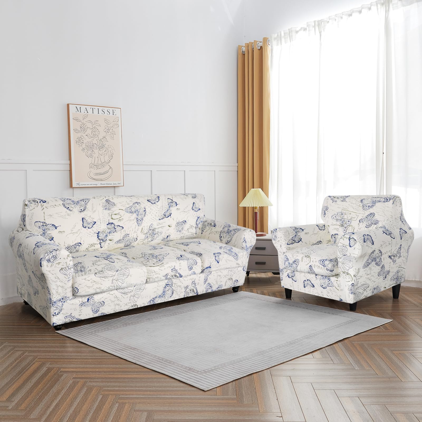 Searchi Stretch Sofa Cover Printed Couch Cover, Floral Pattern 4 Pieces Sofa Slipcover With 3 Separate Cushion Cover, Washable Furniture Protector For Living Room(Sofa, Butterfly Pattern)