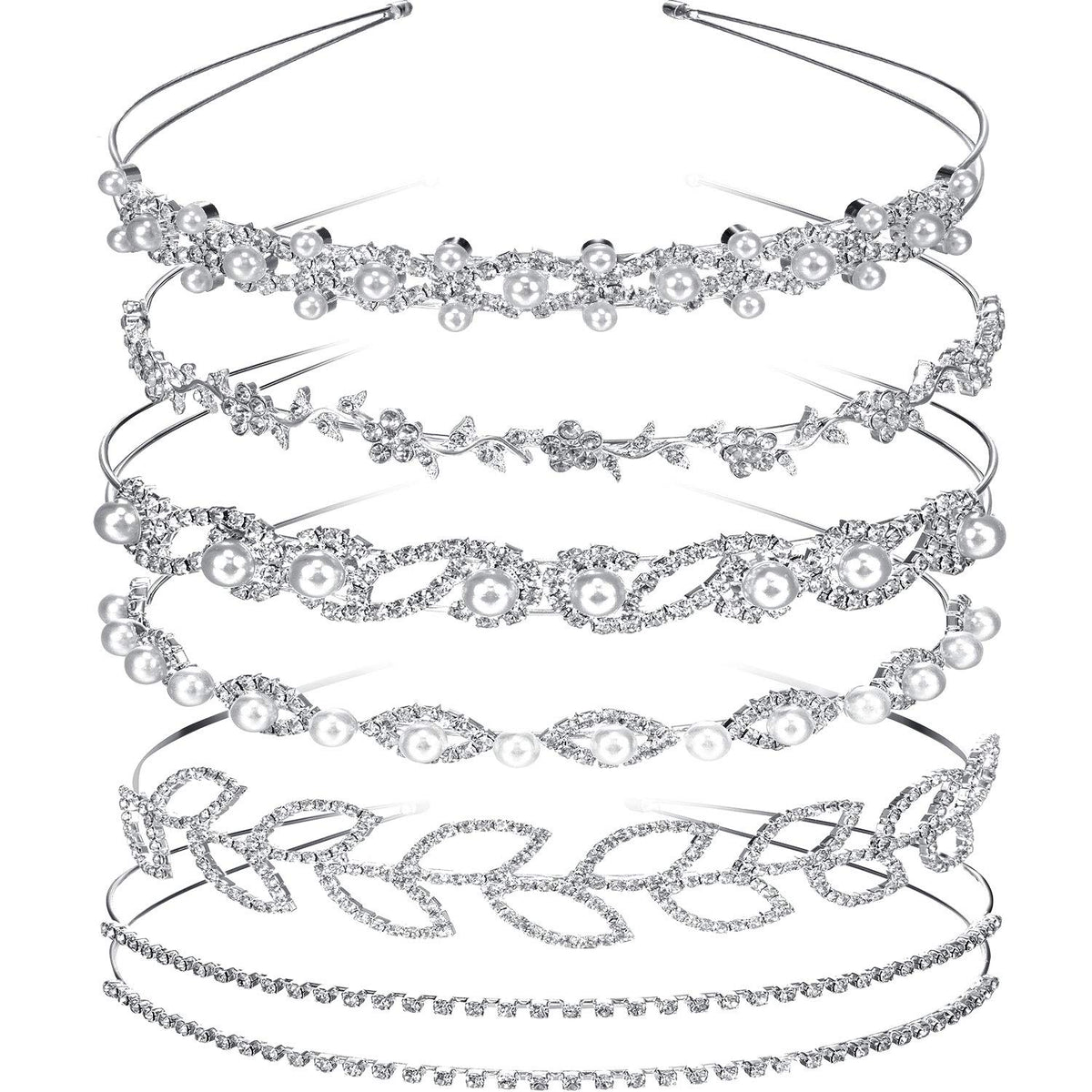 Tatuo 6 Pcs Bride Bridesmaids Crystal Headband Crown Women's Faux Pearl Rhinestones Headdress for Wedding Party Silver Tiara for