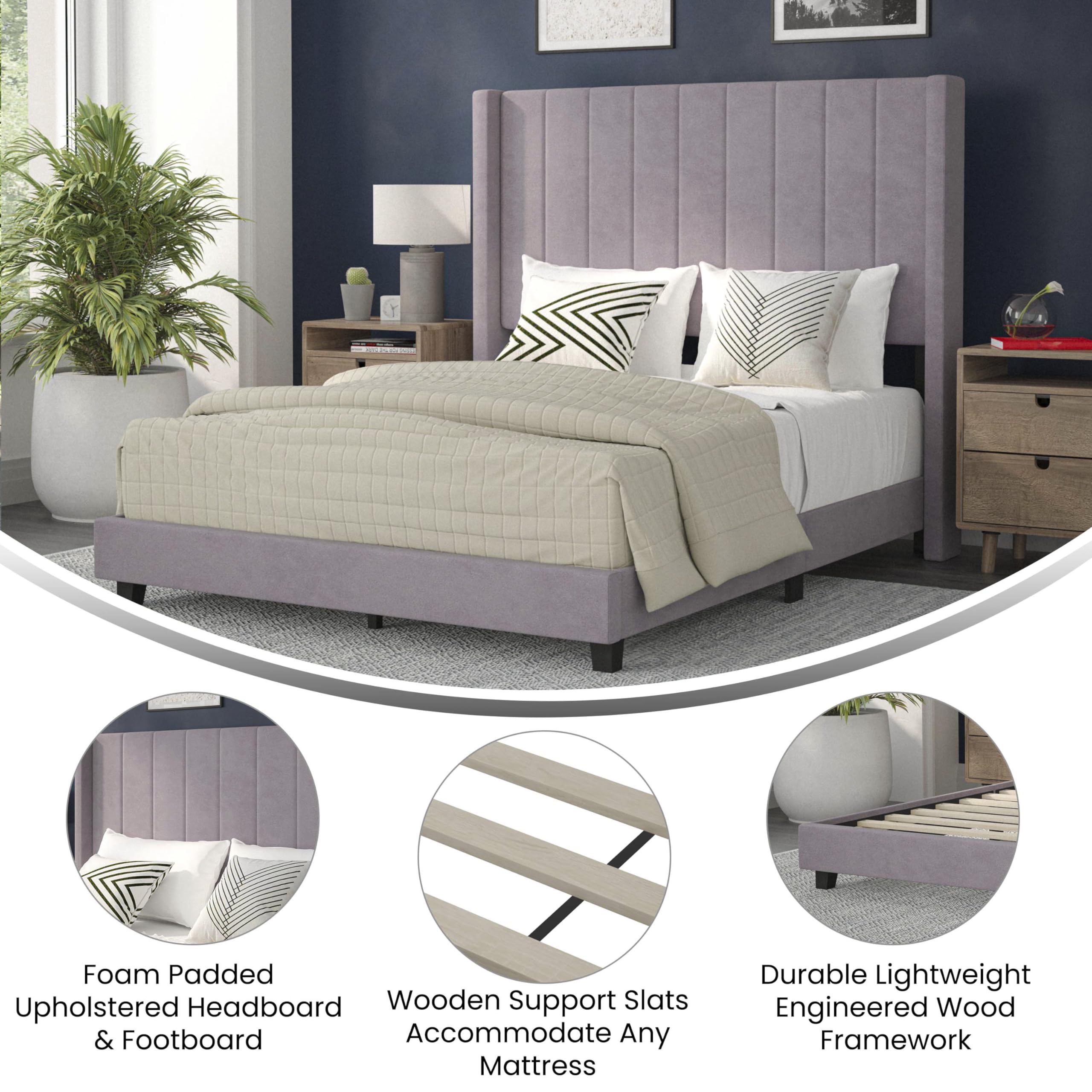 Flash Furniture Bianca Upholstered Platform Bed - Gray Velvet Upholstery - Full - Wingback Headboard - Slatted Mattress Foundation - No Box Spring Needed