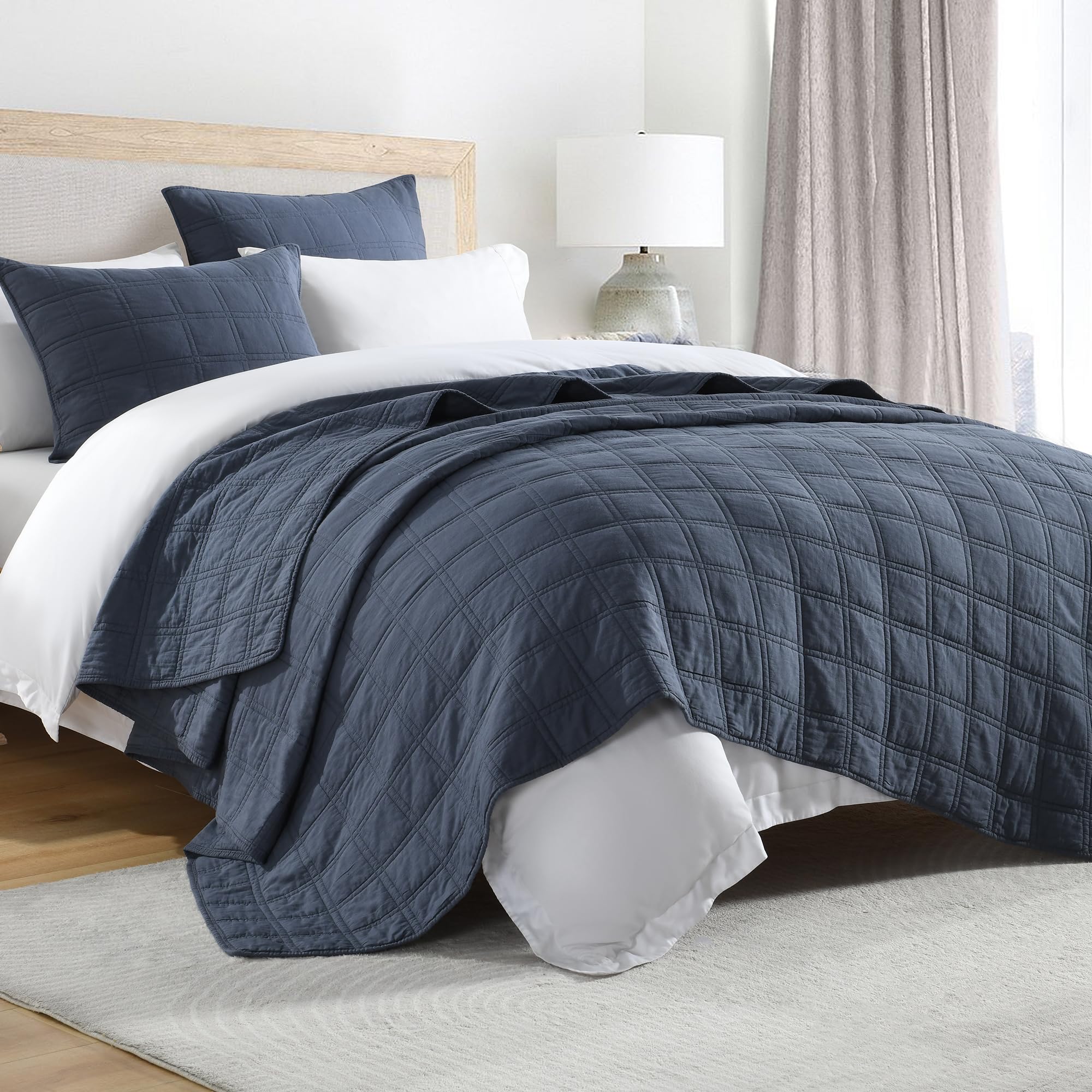 Horimote Home 100% Cotton Quilt Set King Size, Denim Blue Pre-Washed Bedspreads Coverlet Set In Geometric Pattern, Cozy Lightwei