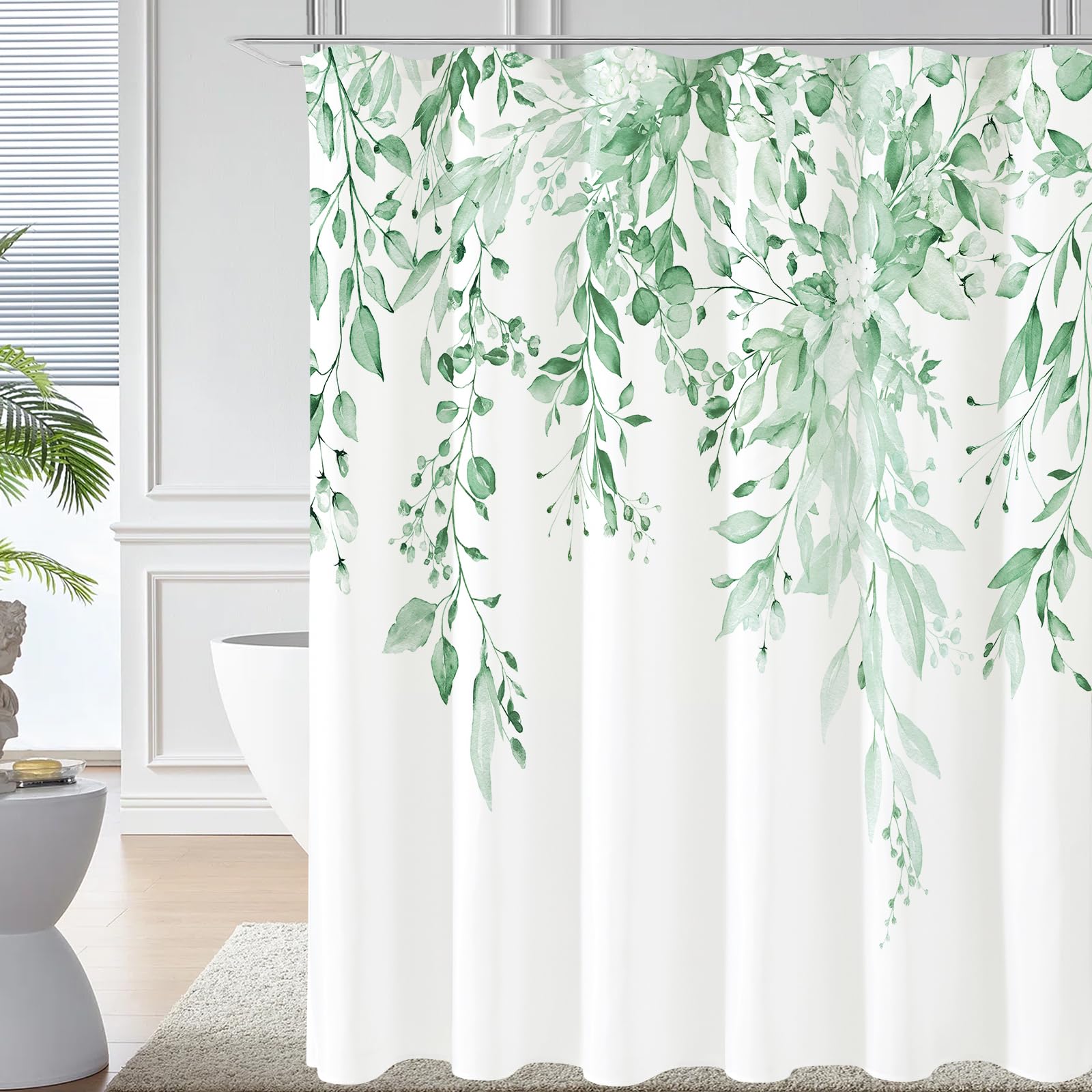 Gibelle Extra Long Shower Curtain 72 x 84, Tall Mint Green Floral Shower Curtain for Bathroom, Watercolor Plant Eucalyptus Leave
