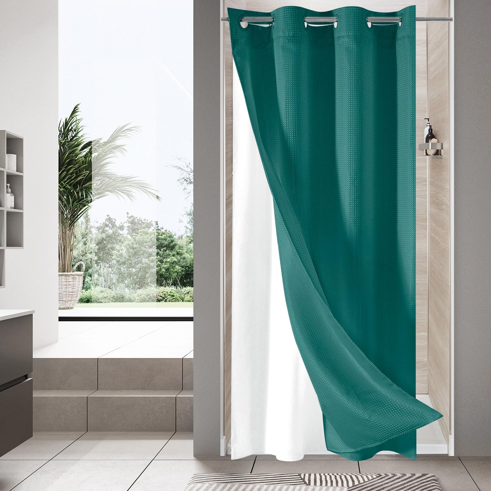 MitoVilla Dark Green Waffle Small Stall Shower Curtain 36 x 74, No Hooks Required Half Size Narrow Fabric Cloth Shower Curtain S