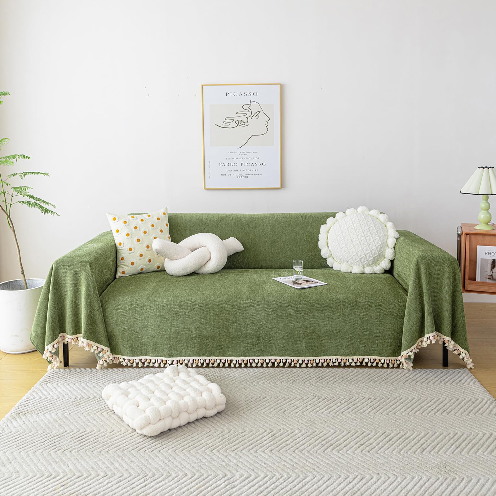 Handontime Green Sofa Cover Vintage Couch Cover For Dogs 71' X134' Couch Cushion Covers With Tassel Herringbone Sofa Cover Boho Sofa Covers For 3 Cushion Couch Chenille Soft Loveseat Sofa Covers