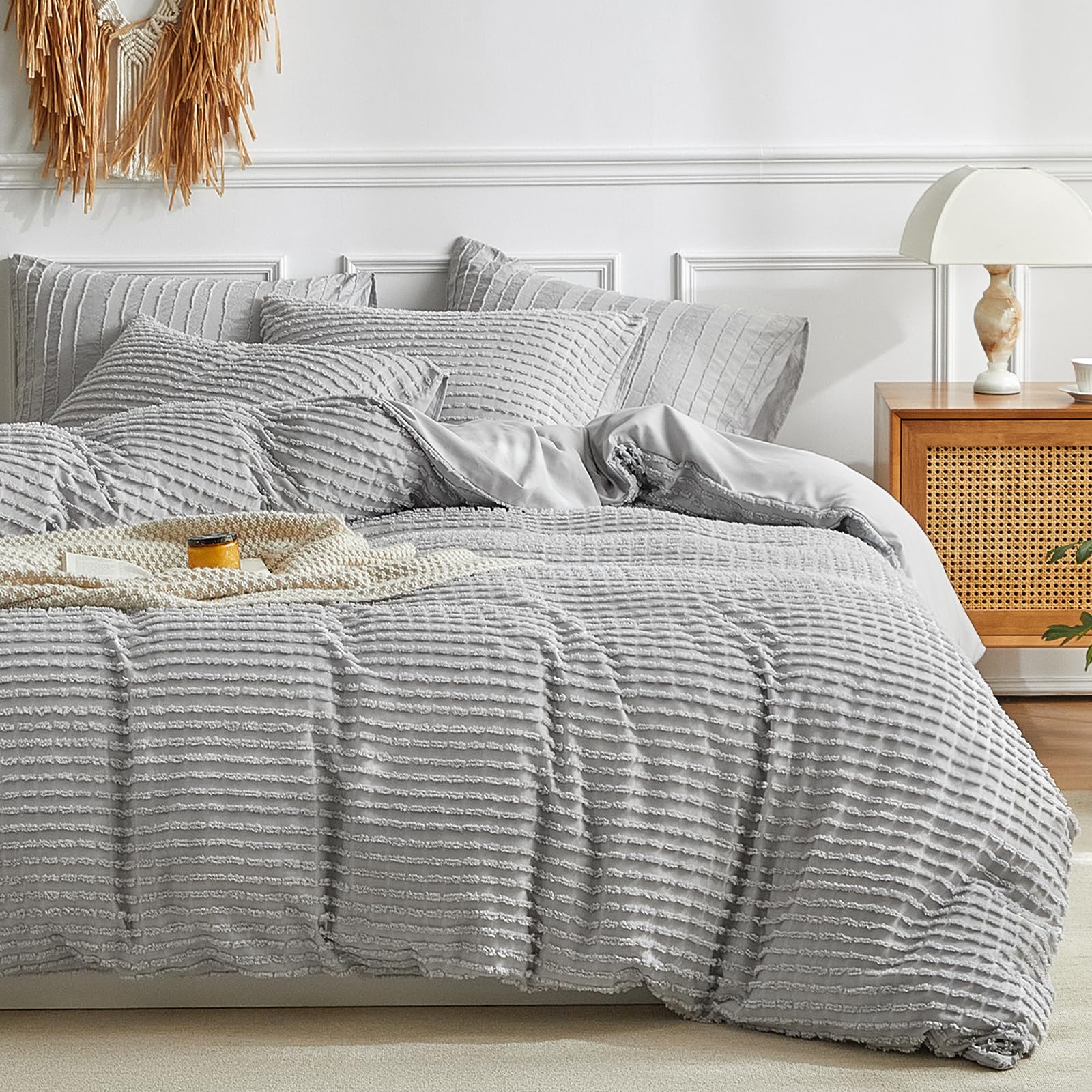 Warmdern Boho Duvet Cover Set Queen Size,Grey Striped Duvet Cover Microfiber Bedding Set,3Pcs Ultra Soft Breathable Lightweight