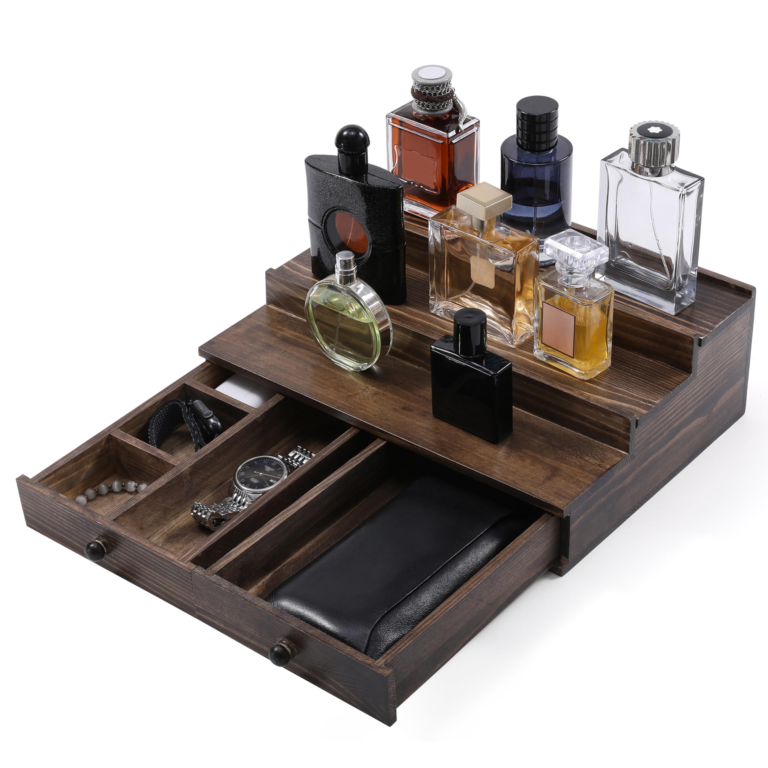 Boulphia Cologne Organizer for Men, 3-Tier Cologne Stand with Drawer and Hidden Compartment, Wooden Cologne Shelf for Perfume Di