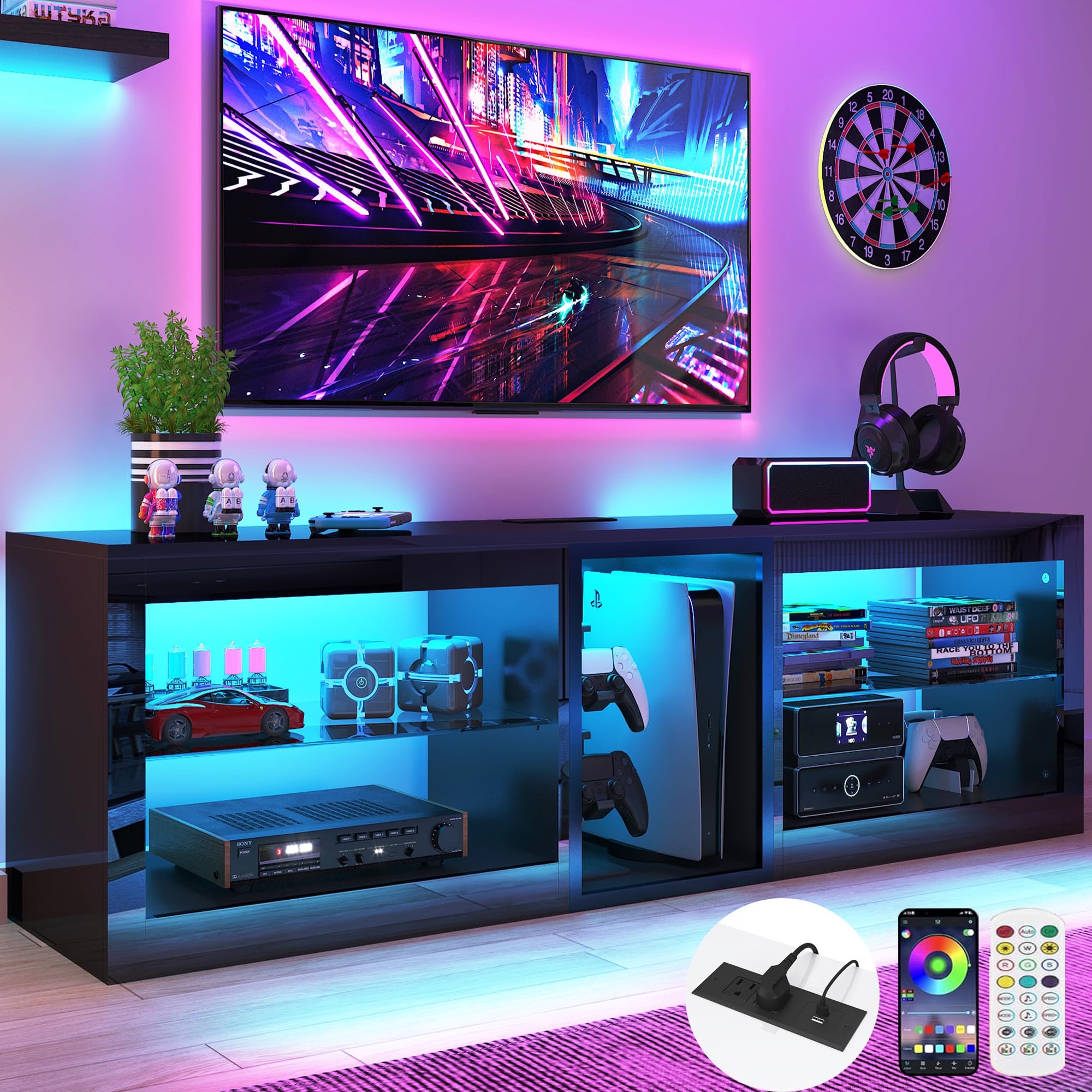 Vinctik 6&Fox High Gloss LED TV Stands w/Power Outlet,60,000-Colors Lighting for 55 60 65inch TV,Modern Black LED Entertainment 