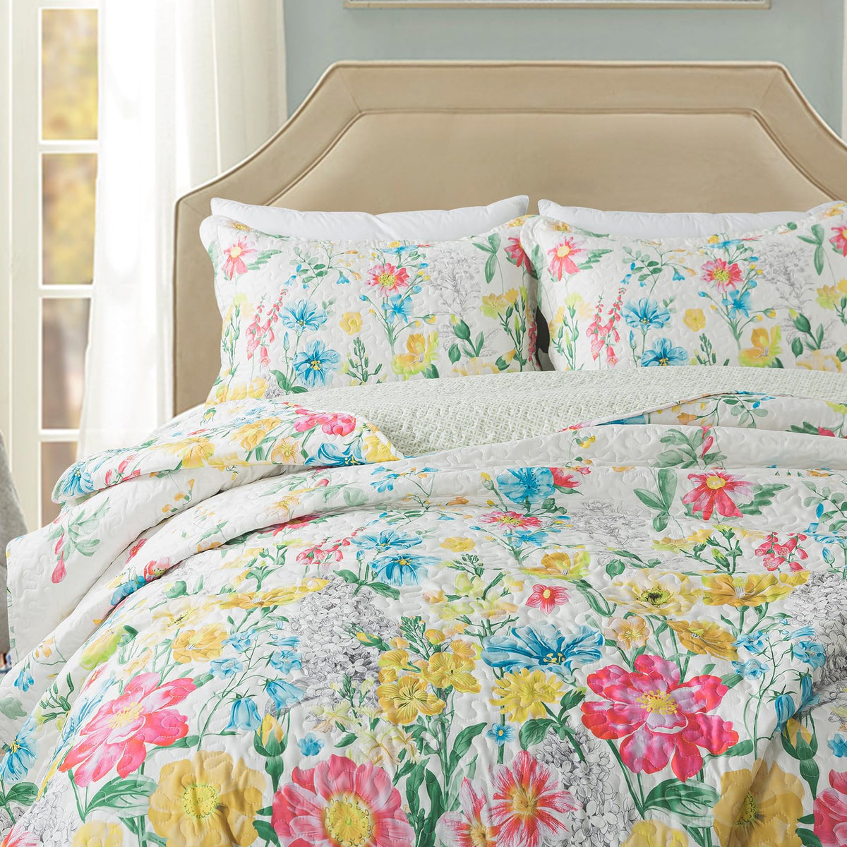 Travan Floral Quilt King Quilt Bedding Set, Ultra Soft Reversible Microfiber King Size Quilt Set With 1 Quilt Set And 2 Shams Ye