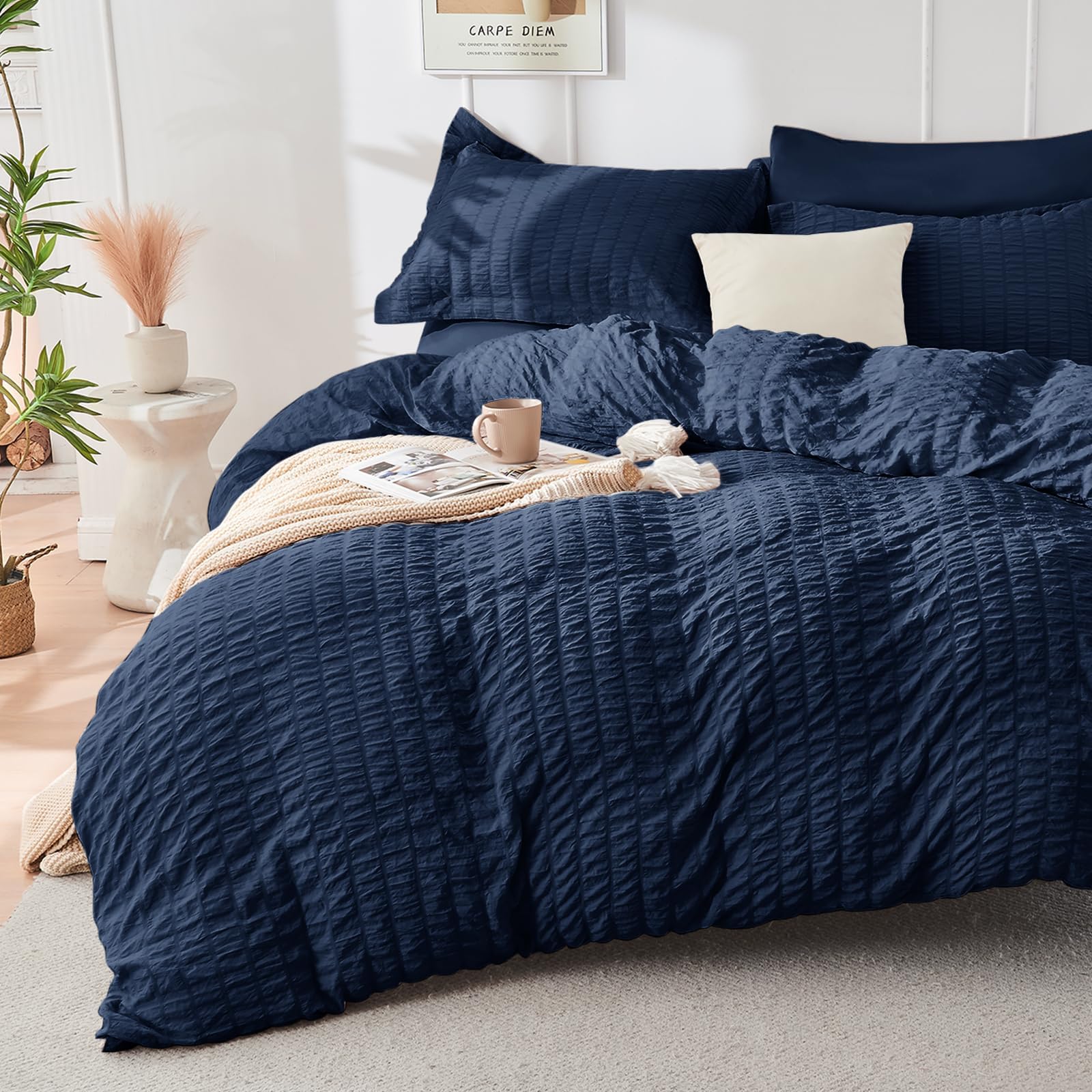 Hymokege Navy Blue Queen Comforter Set Seersucker 7 Pieces, All Season Luxury Bed In A Bag For Bedroom, Bedding Set With Comfort