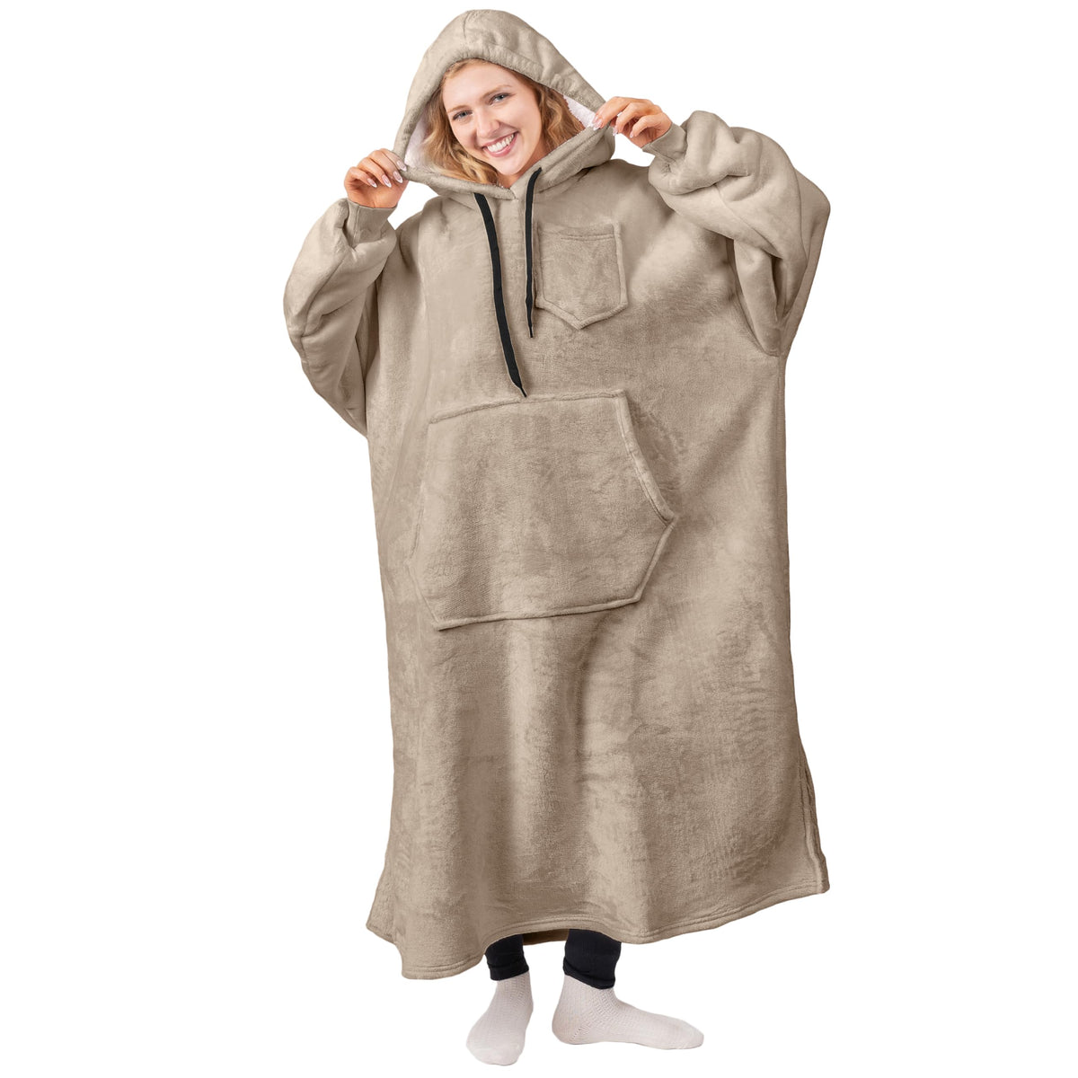 Pavilia Blanket Hoodie For Women Tan, Sherpa Wearable Blanket Men, Cozy Oversized Sweatshirt Blanket, Warm Fleece Hooded Blanket